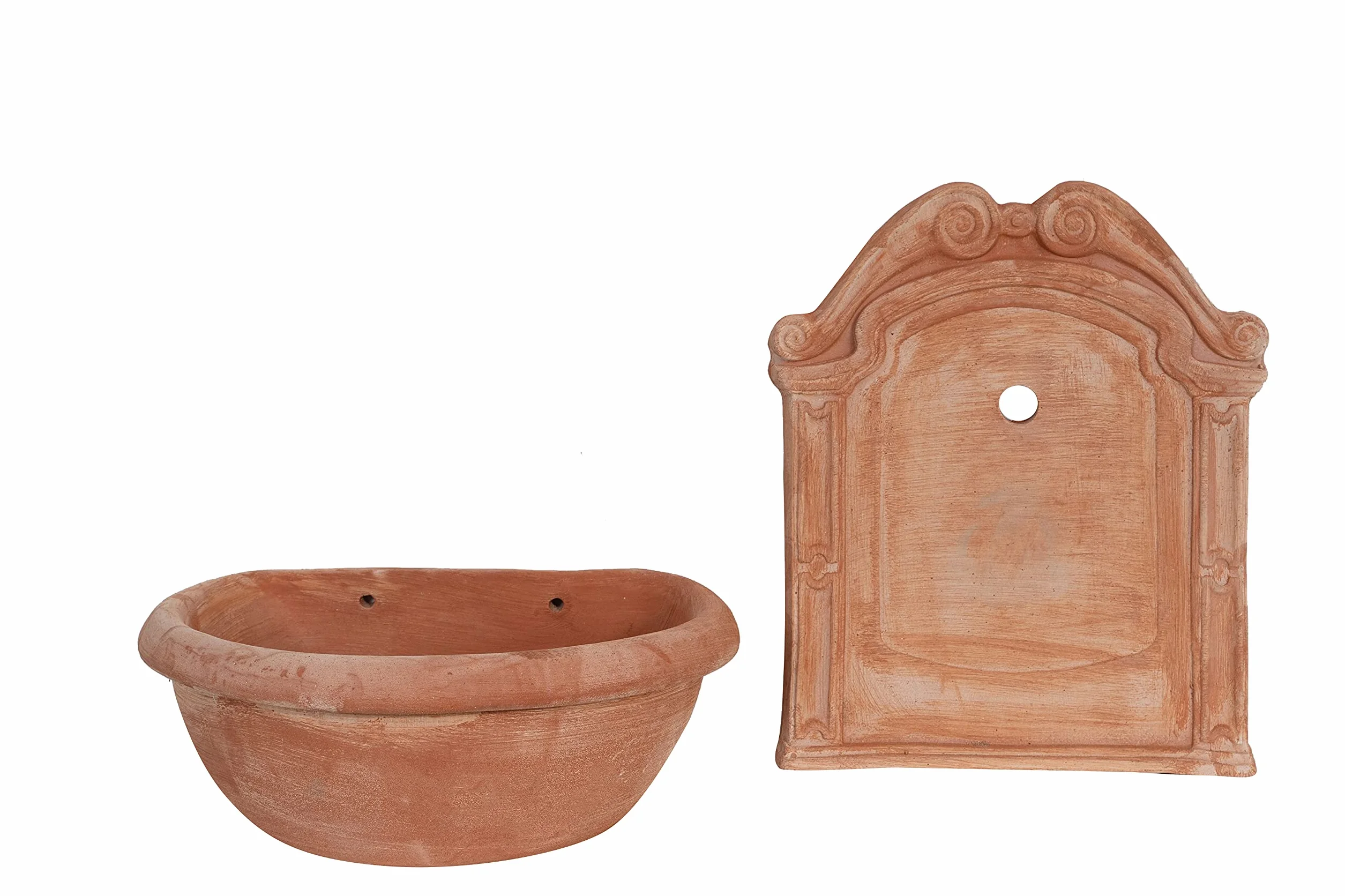 Biscottini Fuente de jardín exterior 45 x 36 x 64 cm – Fuente de pared de terracota hecha a mano – Fuente de jardín – Fuentes de pared – Lavabo decorativo de terracota con bañera y respaldo