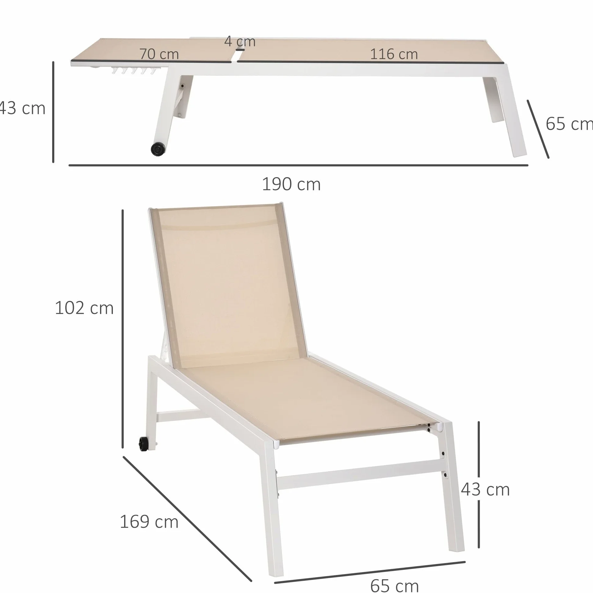 Outsunny Tumbona de Jardín de Aluminio Tumbona Exterior con Respaldo Reclinable en 5 Posiciones Ruedas Carga 120 kg para Patio Terraza 169x65x102 cm Caqui
