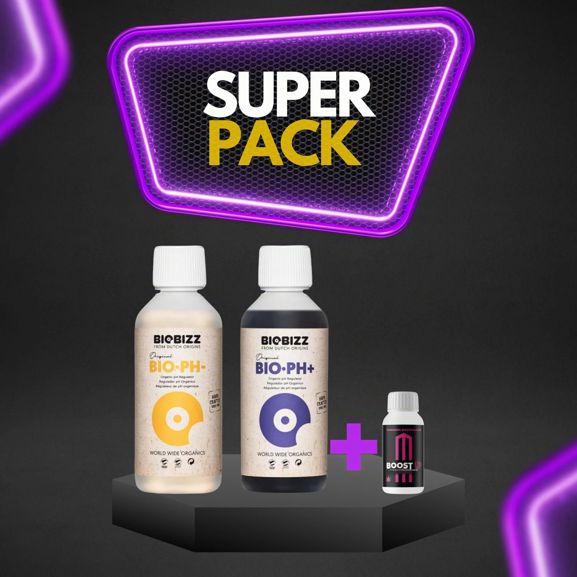 GROWMANIA Biobizz pH + Plus 250 ml + pH – Menos 250 ml líquido + Up Nutrients Boost Up + Vaso Medidor | Superpack Ph up and Ph Down and Boost | Abono elevador de pH para plantas de cultivo