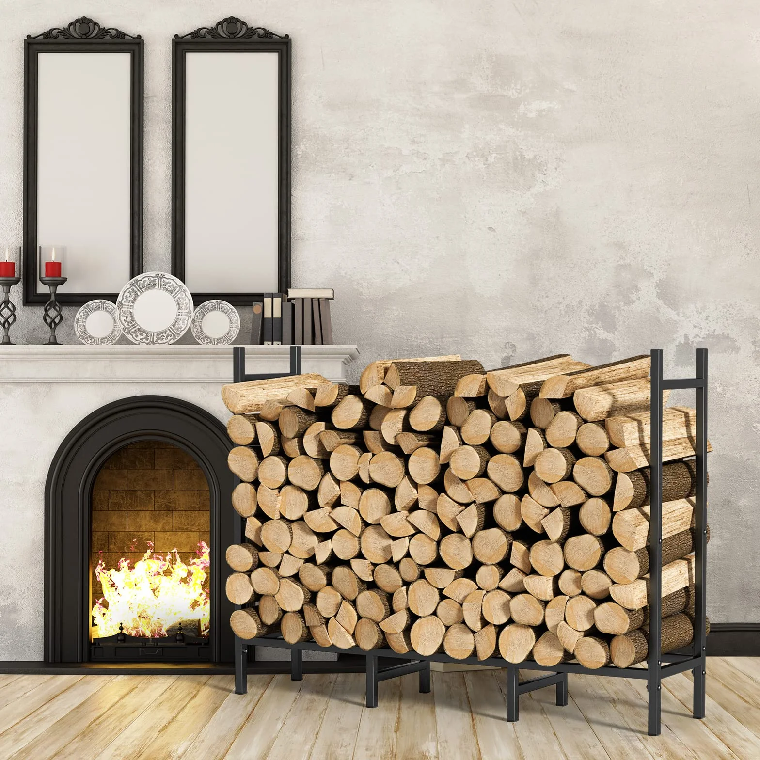 Estante de leña para Exteriores con Cubierta, Estante de leña de 5.5 pies para Chimenea, Almacenamiento de leña, Soporte de leña para Interiores, Ajustable, Resistente, Tela Oxford Impermeable Negra