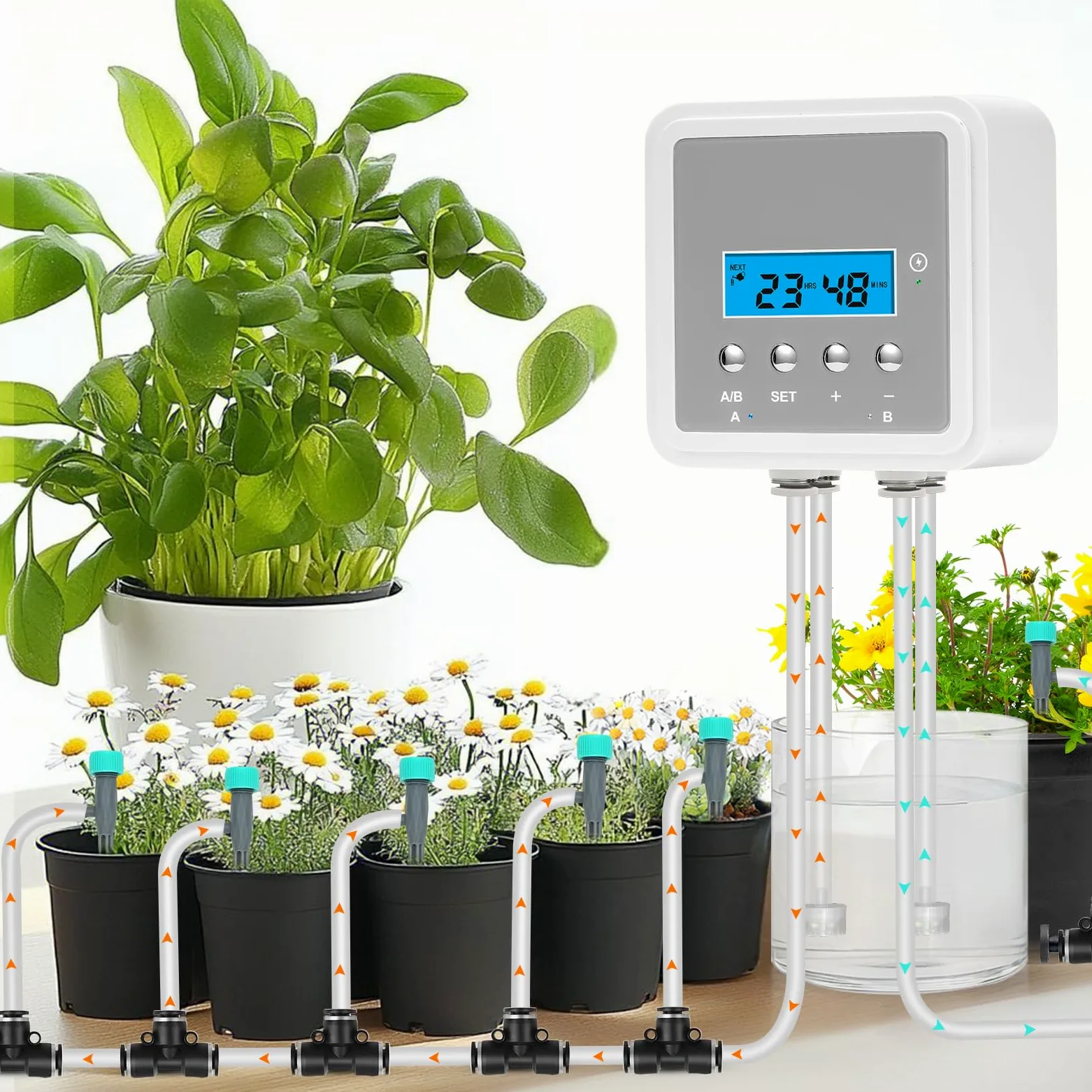 Sistema de riego automático inteligente de plantas para 20 macetas, kit de riego por goteo para interiores de doble bomba con temporizador programable de 30 días y carga USB-C
