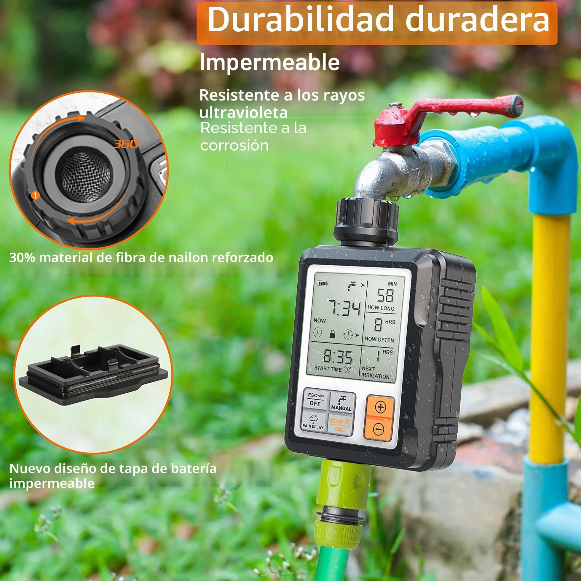 CROSOFMI Programador Riego Jardin Temporizador de Riego Automatico Control Pantalla Grande de 3 Pulgadas Naranja