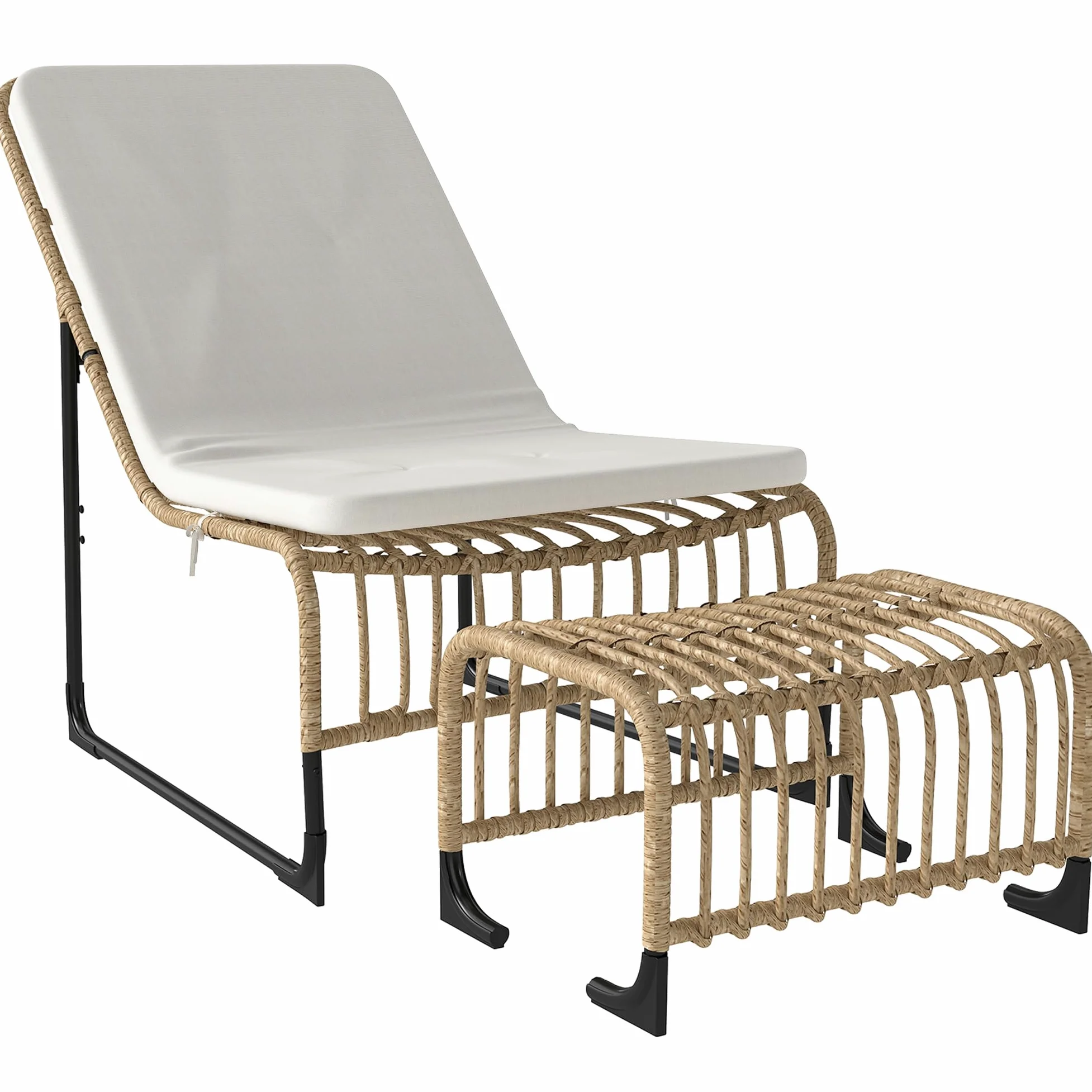 Outsunny Conjunto de Sillón de Jardín con Reposapiés de Ratán Sintético, Sillón para Exterior con Estructura de Acero y Cojín Acolchado, Natural y Beige
