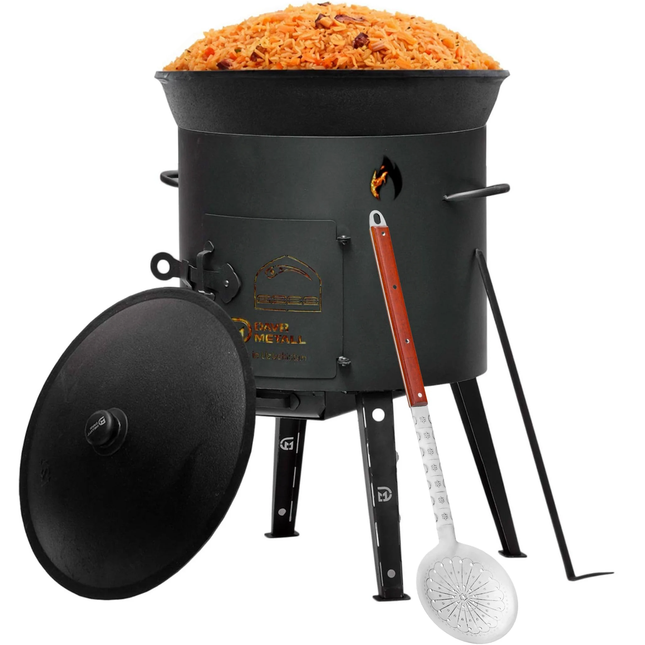 Uchag Ø49 Uchag 2 mm de acero Uchak con tubo de extracción, 22 l, compartimentos para barbacoa, cucharón de espuma, cucharón de sopa, cucharón de sopa, Utschak Utschag Kazan, cocina de campo, cocina
