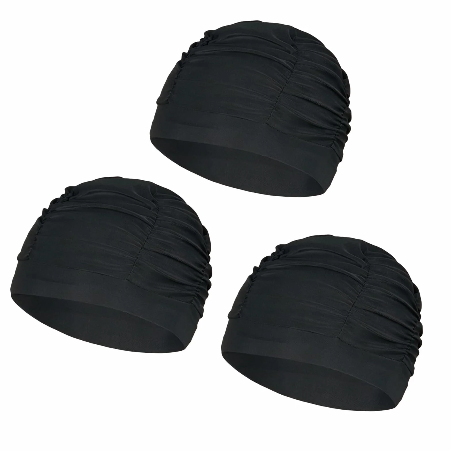 Gorros Piscina Mujer 3 Piezas 25x15mm de Tela Elástica Poliéster, Cómodo Gorro Natación Adulto para Cabello Largo, Playa, Deportes, Proteger Sol Negro