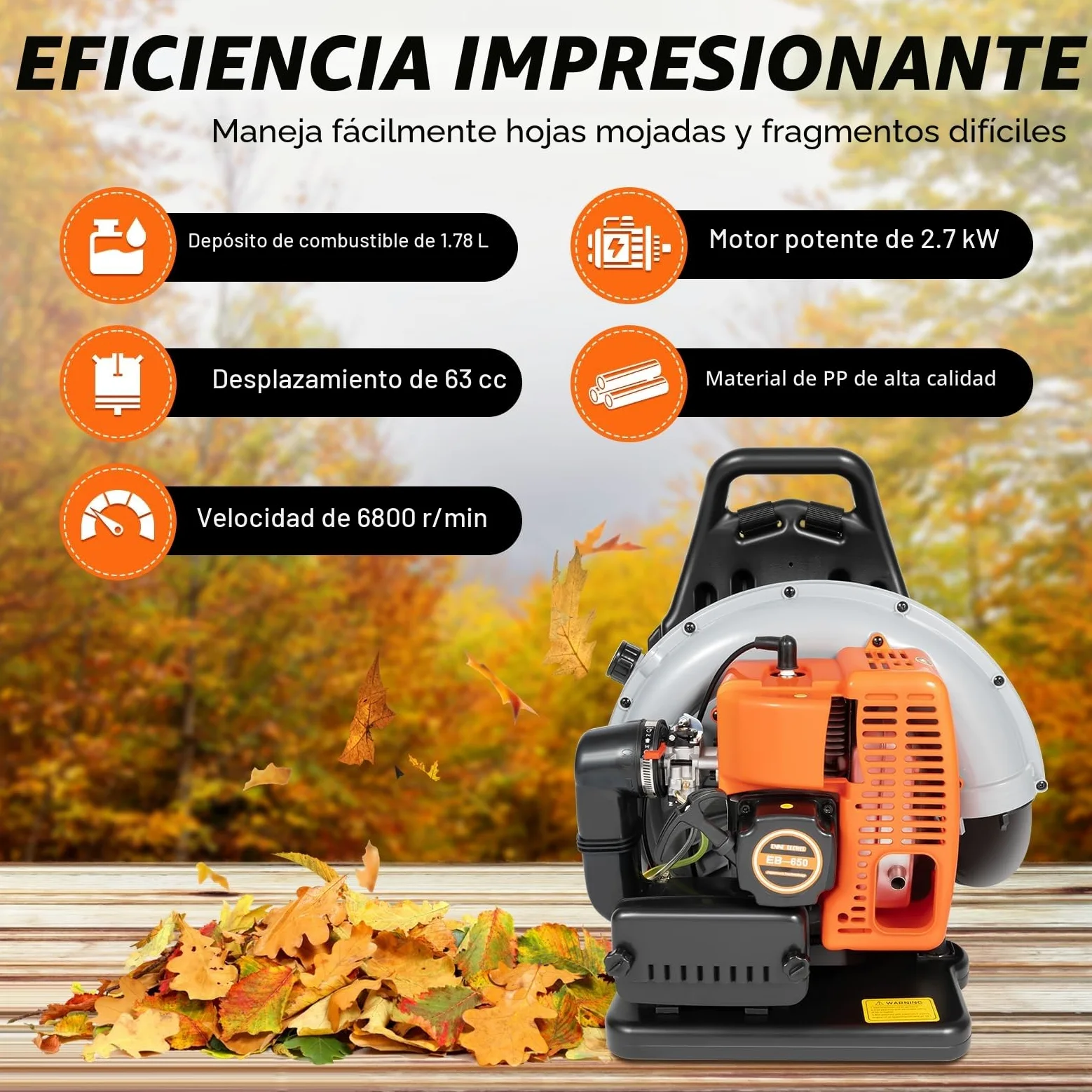 Soplador de Hojas de Gasolina, 65 CC, 3,6 CV, 2 Tiempos, soplador de Hojas, barredora de Polvo con Correa Ajustable, depósito de Combustible de 1,7 l, Boquilla de llenado de Aceite Externa