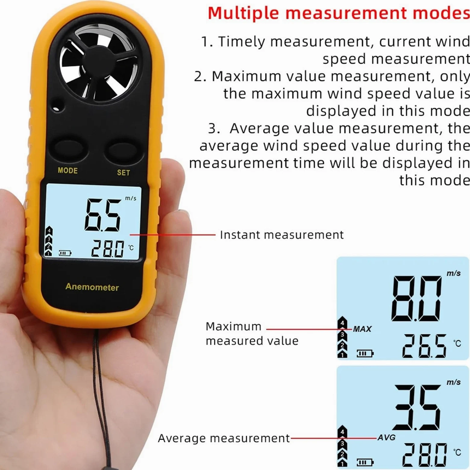 Anemómetro digital, Anemómetro Digital, termómetro para medir la velocidad del viento, probador de temperatura, portátil, alta precisión, medidor 0-30m/s