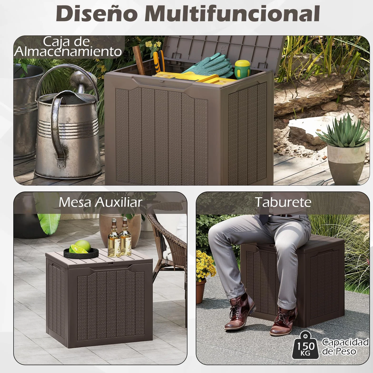 COSTWAY Arcón Jardin Exterior 96L, PP, Baul Almacenaje Exterior con Tapa Cerradura, Caja de Almacenamiento para Patio, 56 x 41 x 50,5 cm, Carga 150kg Terraza Balcón (café)