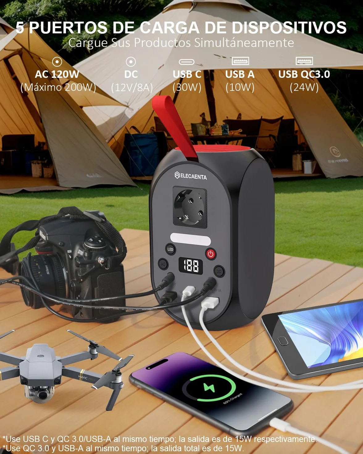 Estación de energía portátil de 99Wh, Generador Solar Portátil LiFePO4 Batería Salidas de CA 120W(Pico 200W) Respaldo de Batería con Linterna LED para Camping, Viajes, Autocaravanas, Hogar, Emergenza