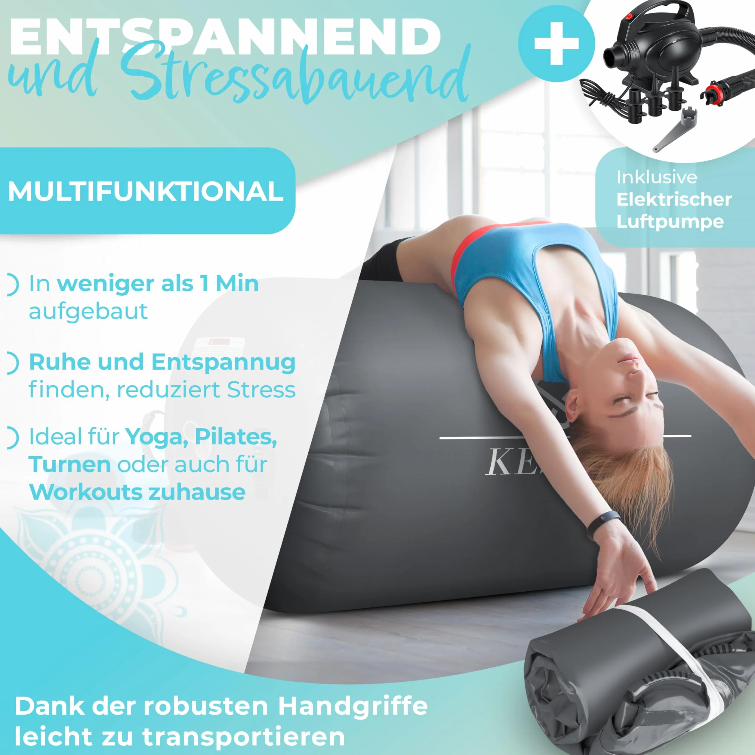 KESSER Air Roll Airtrack Rollo inflable 120x90 cm con bomba eléctrica y bolsa