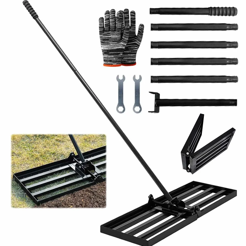 Rastrillo de nivelación de césped de 76 x 25 cm con tallo, rastrillo para nivelación de césped, placa plegable para césped, arena/tierra para campo de golf de jardín.