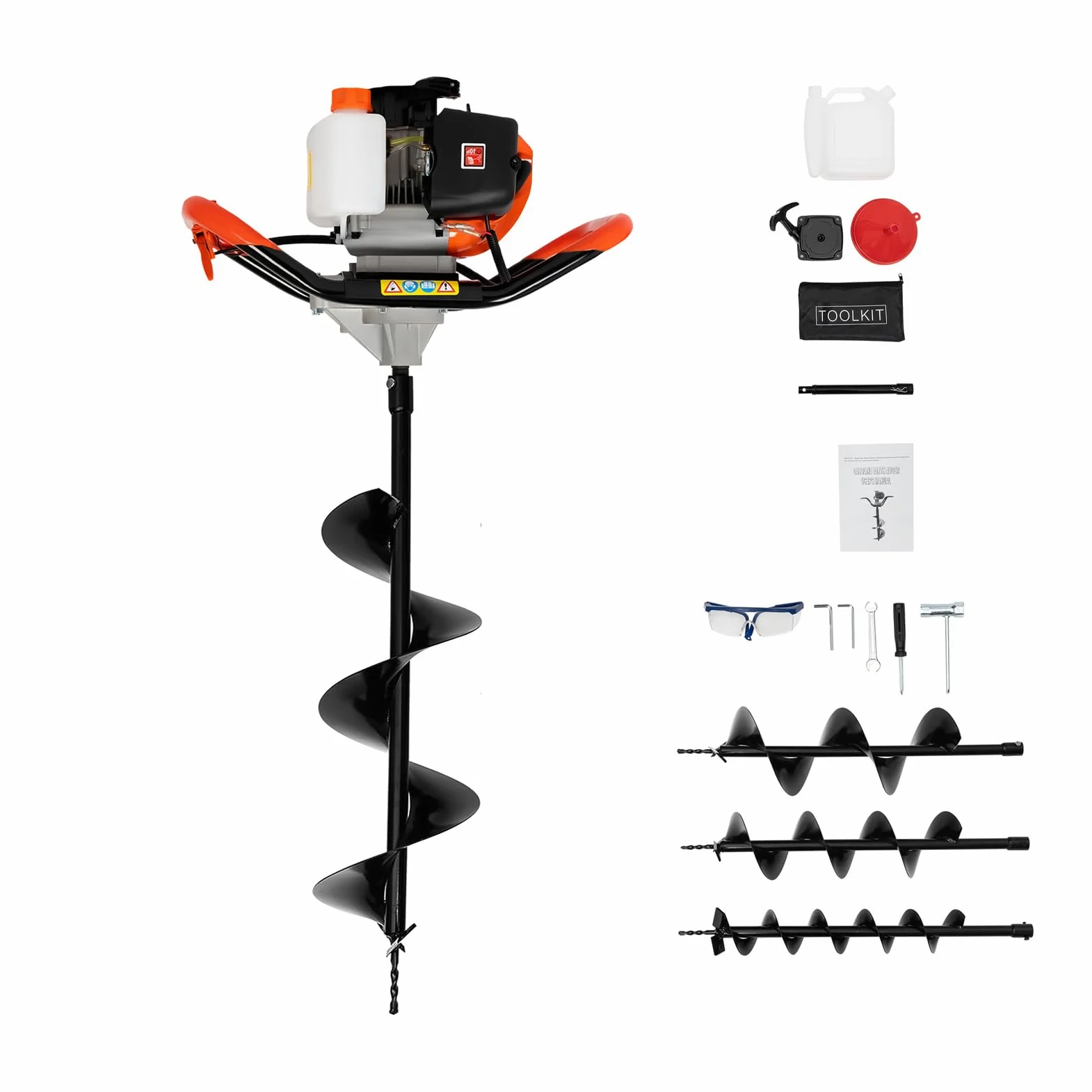 Broca de tierra de gasolina de 52 cc de 2 tiempos, 1,7 kW, con 3 puntas de perforación (100/150/200 mm), barra de extensión, doble mango, refrigeración por aire, 8500 rpm, para postes de