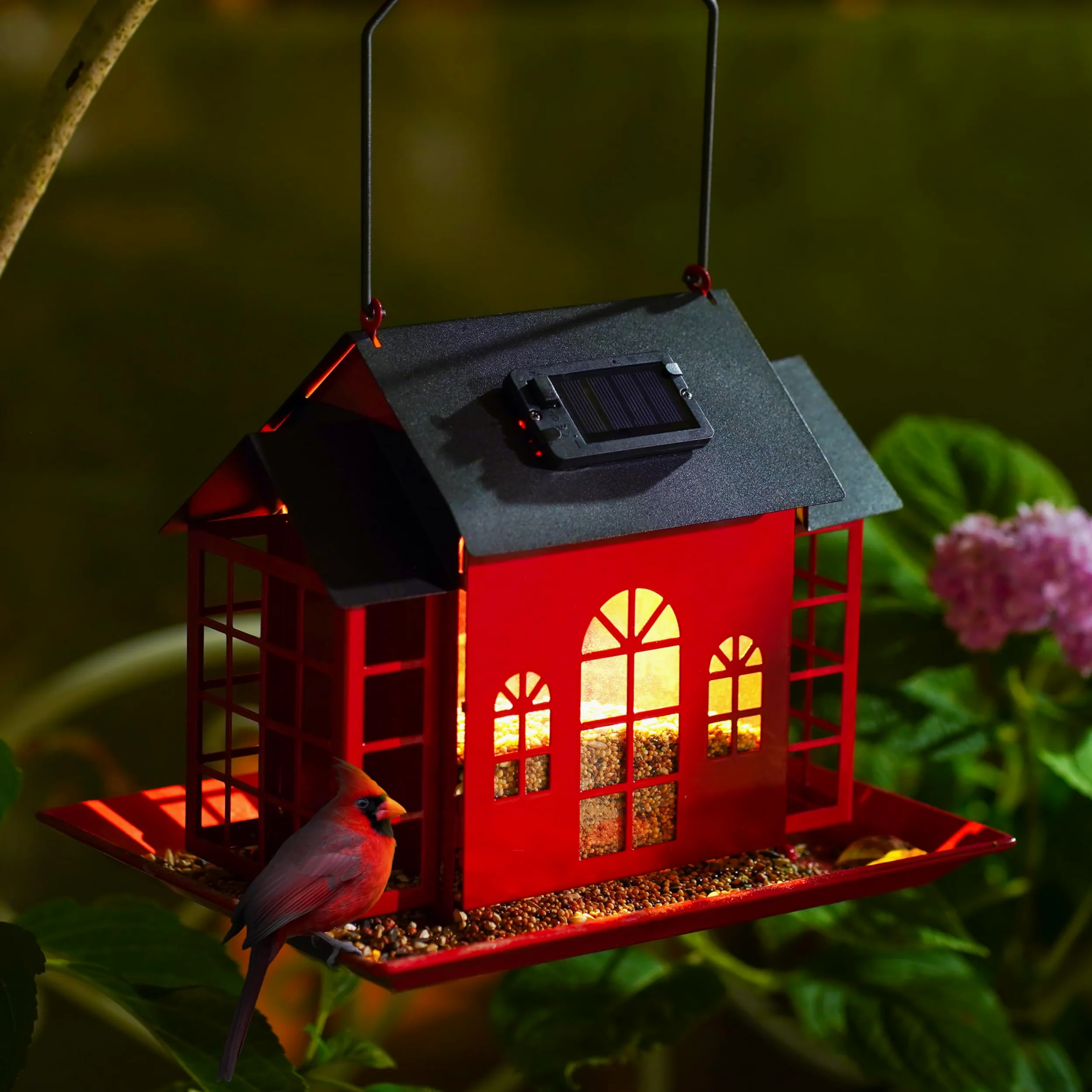 Comederos para pájaros para exteriores, comedero solar para pájaros, comedero de metal colgante con doble jaula de sebo, comedero de pájaros cardenal de gran capacidad, comedero para pájaros al aire