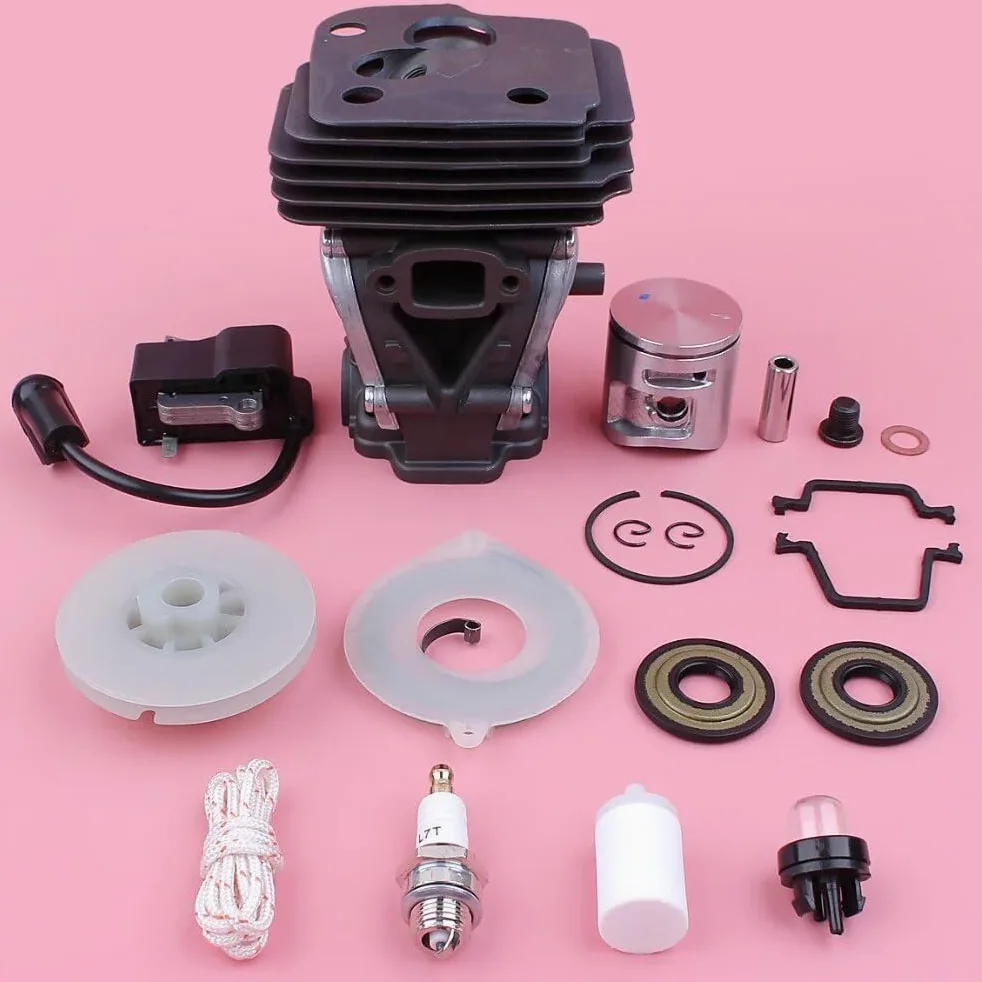 Kit de pistón de bobina de encendido de cilindro, for pieza de motosierra Husqvarna 445 445E, polea de arranque de retroceso, sello de aceite de resorte, bombilla de cebado de 42mm Kits de pist