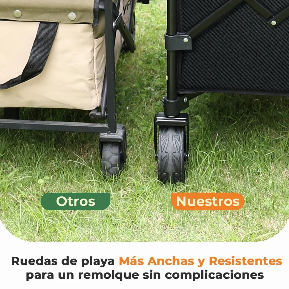 SLIDBEAT Carro de Playa Plegable (150L) para Camping, Picnic y Jardín. Carga 150KG, Ruedas Todo Terreno, Doble Freno y Mango Ajustable. Recipiente Interior Extraíble y Lavable a Máquina