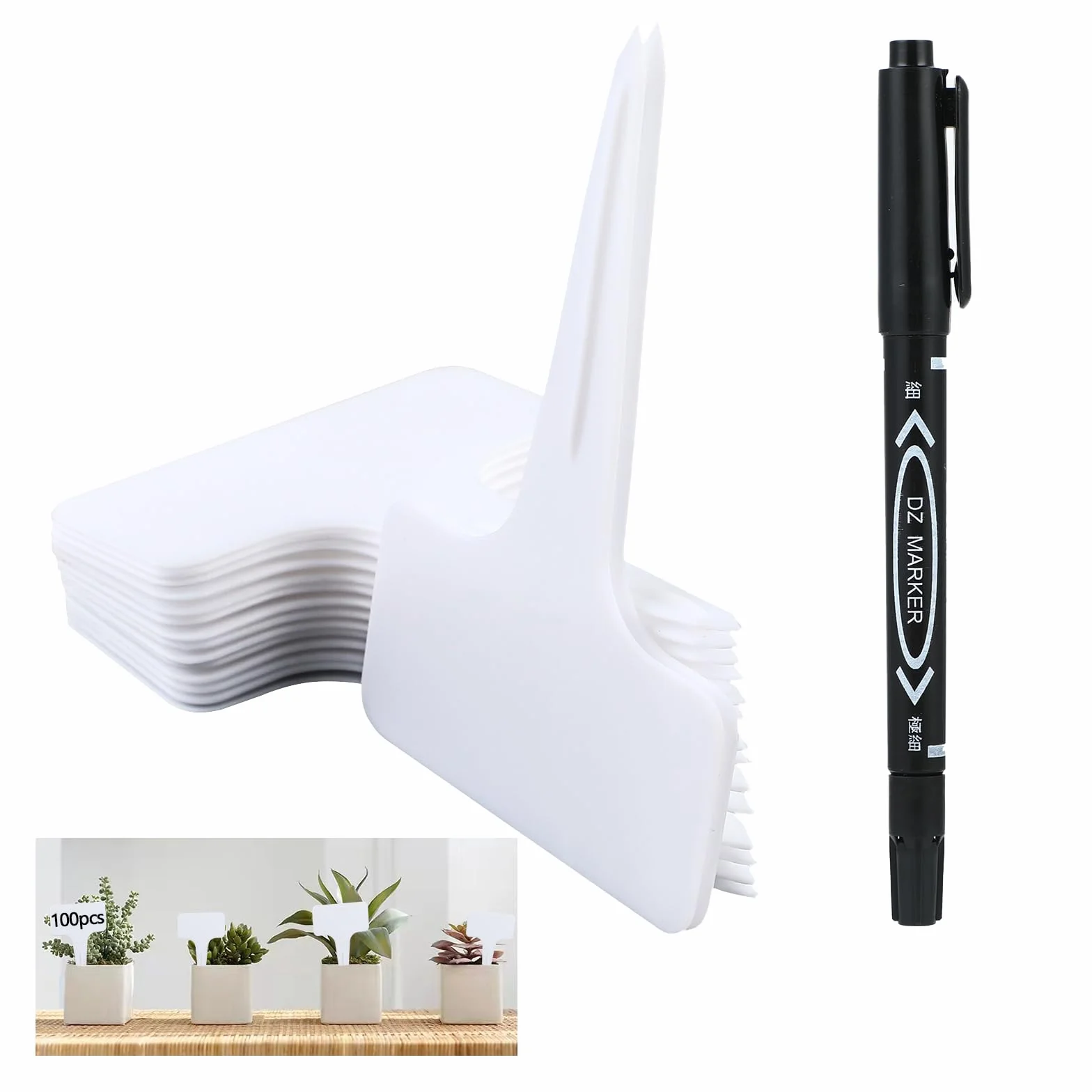 Juego de 100 etiquetas para plantas, etiquetas plantas, plastico para huerto con marcador blanco incluido. Adecuado para jardines, huertos o granjas.