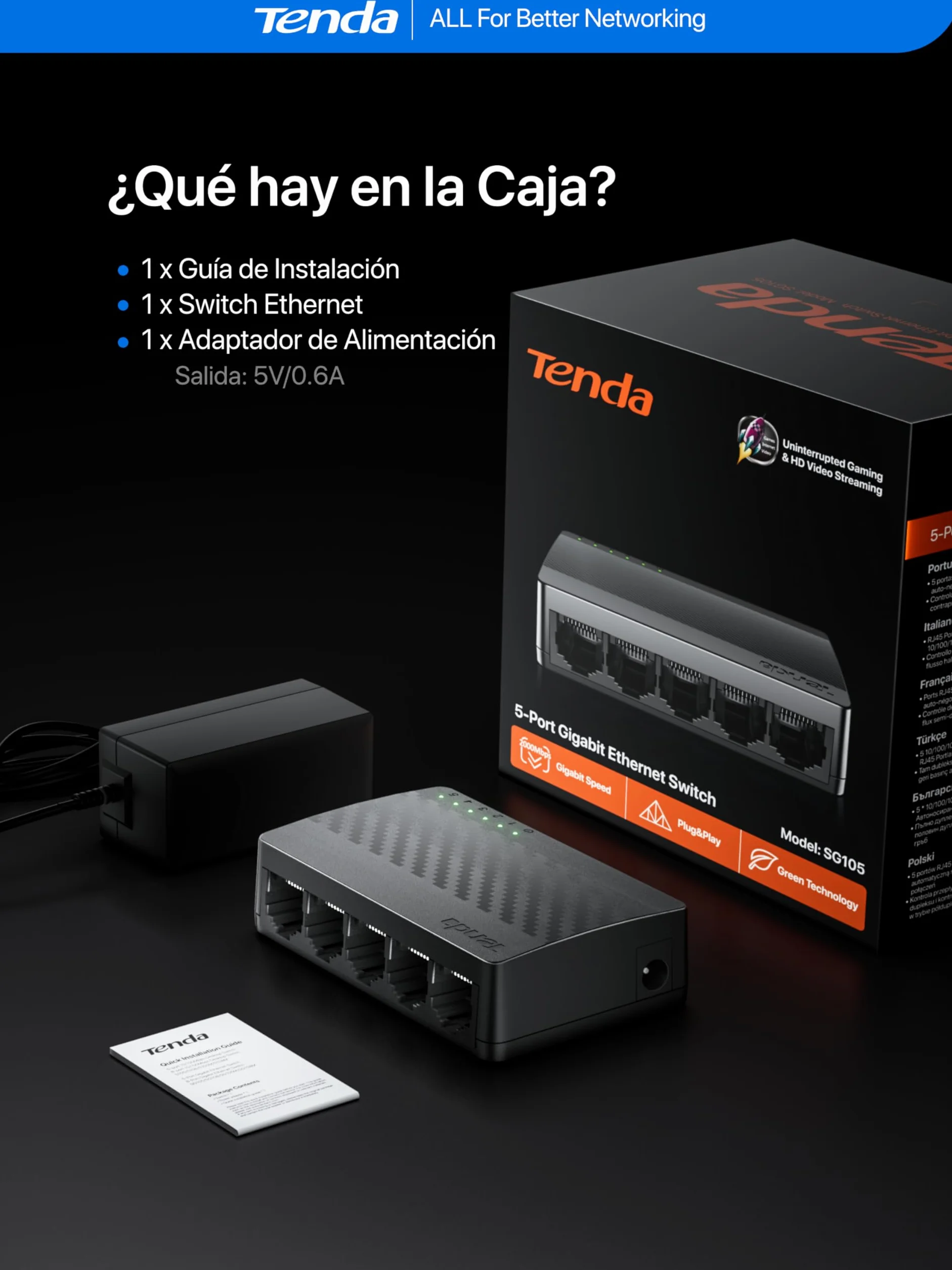 Tenda SG105 Switch Ethernet Gigabit 5 Puertos 10/100/1000 Mbps RJ45 No Administrado Negro