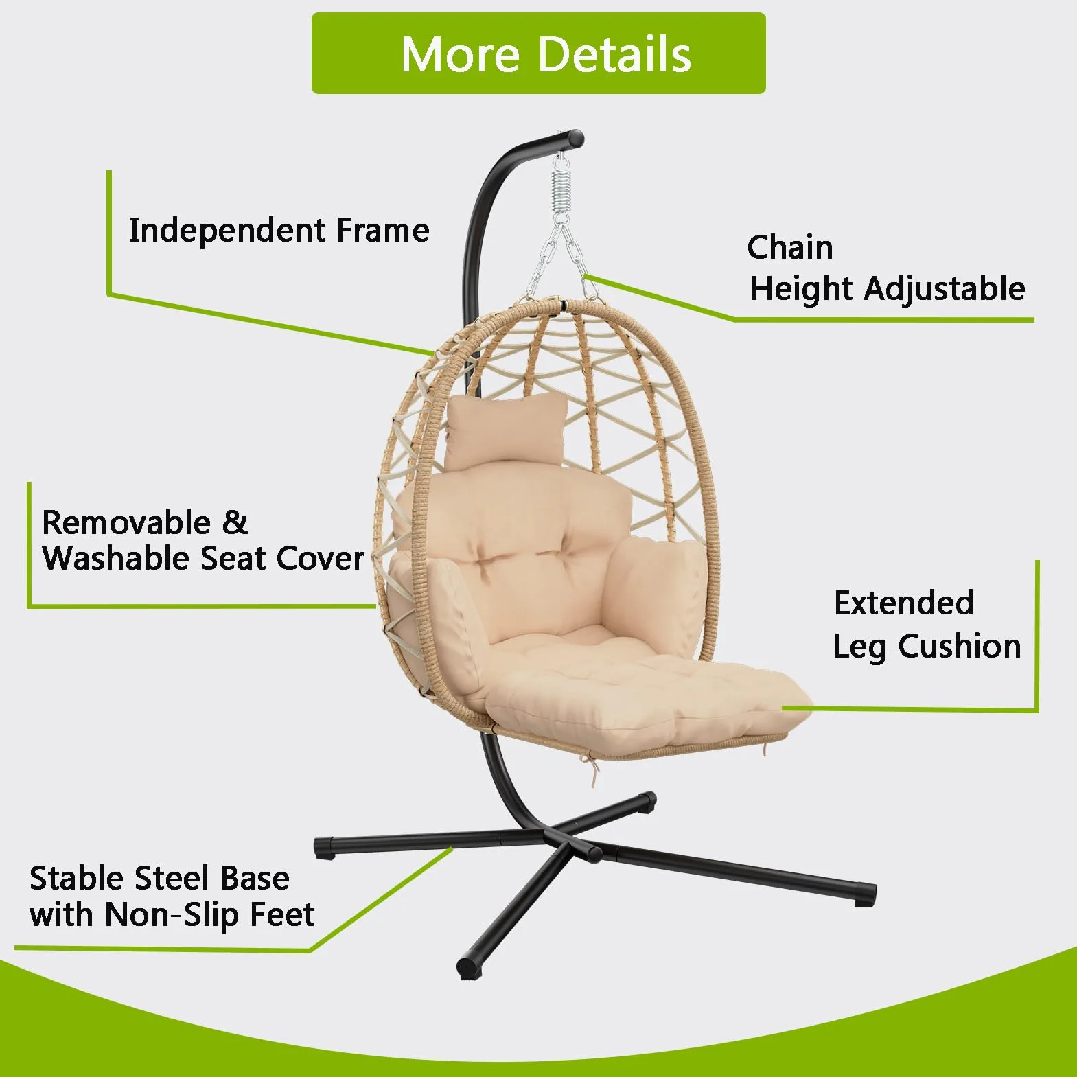 Silla Colgante con Estructura, Silla Colgante Huevo con Reposapiés, Desmontable Cojines Gruesos, Sillon Colgante para Interior & Exterior, Egg Chair Jardín, Balcón, Terraza, Hasta 150 kg - Beige