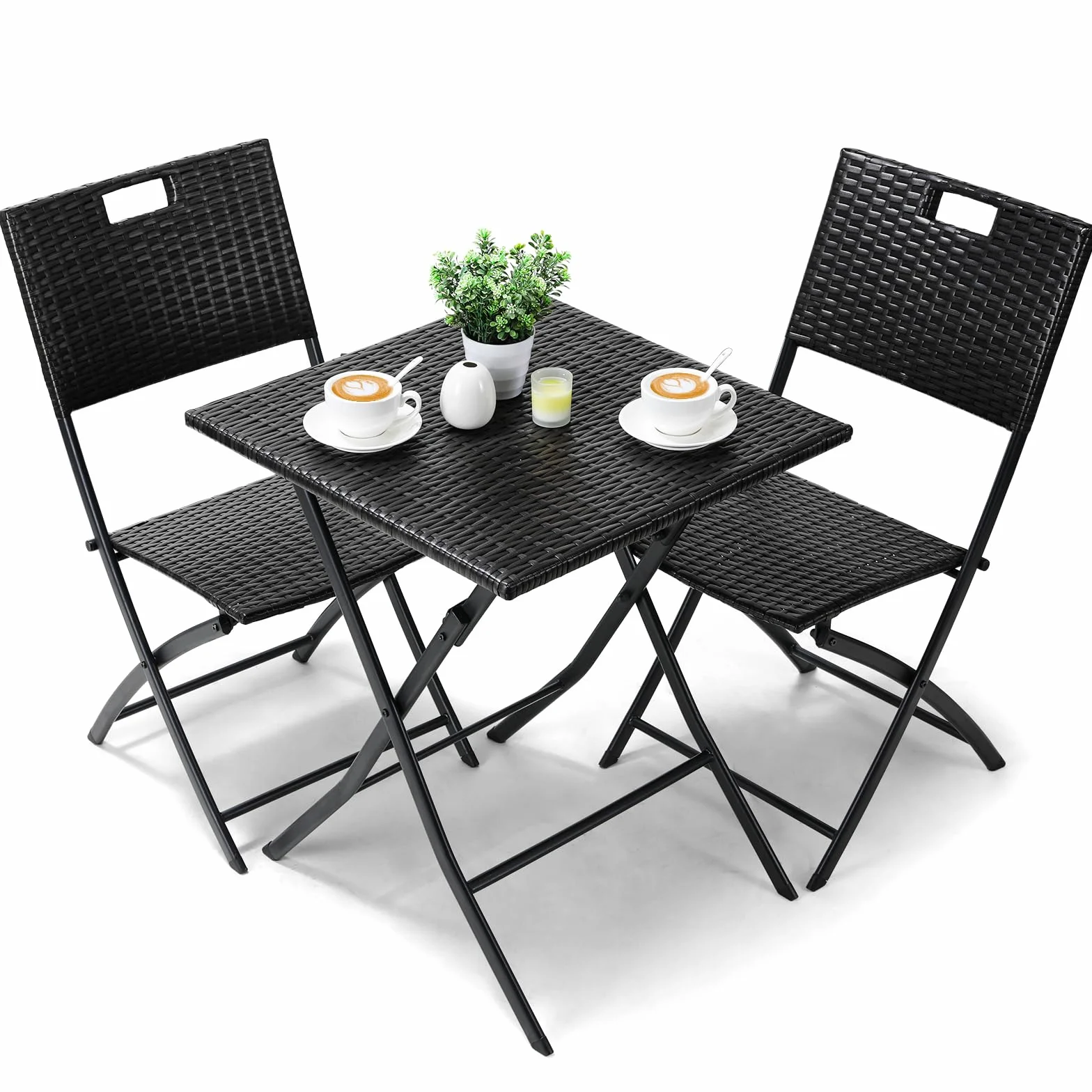 LIFERUN Juego de Muebles de Balcón de 3 Piezas, Muebles de Jardín de Ratán Plegable, 1 Mesa y 2 Sillas, Conjunto de Bistró, Conjunto de Mesa y Sillas de Jardín, para Balcón y Patio, Negro