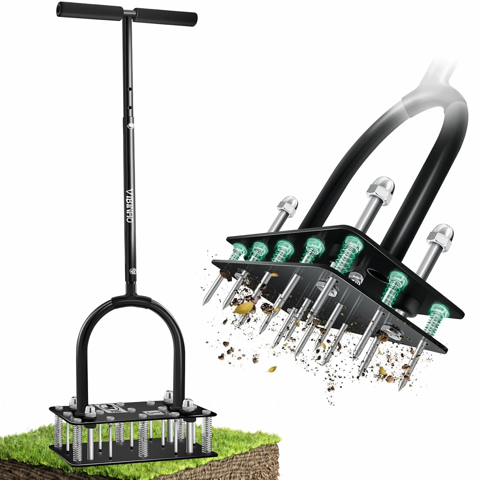 Aireador Cesped, Aireador de césped con 15 Púas de Hierro, Limpieza automática de Hojas y Suciedad, Escarificador Cesped Manual Ajustable en Altura para Cuidado del césped Patio Jardín