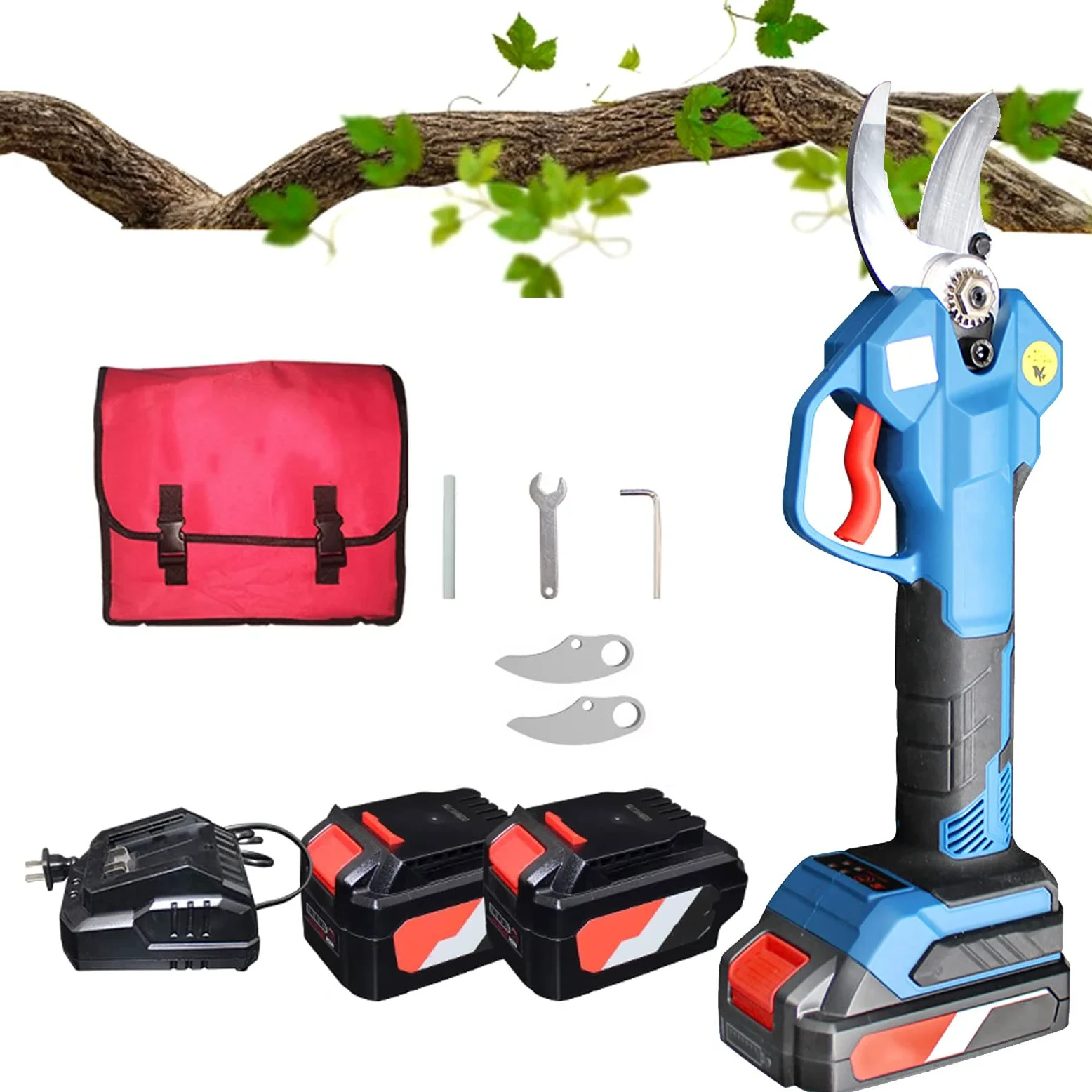 Tijeras de Podar Eléctricas Inalámbricas con 2 Piezas Recargables de 2000 Mah con Batería de Litio y Herramientas a Juego, Cortador de Rama Eléctrico Profesional con 35mm de Diámetro de Corte