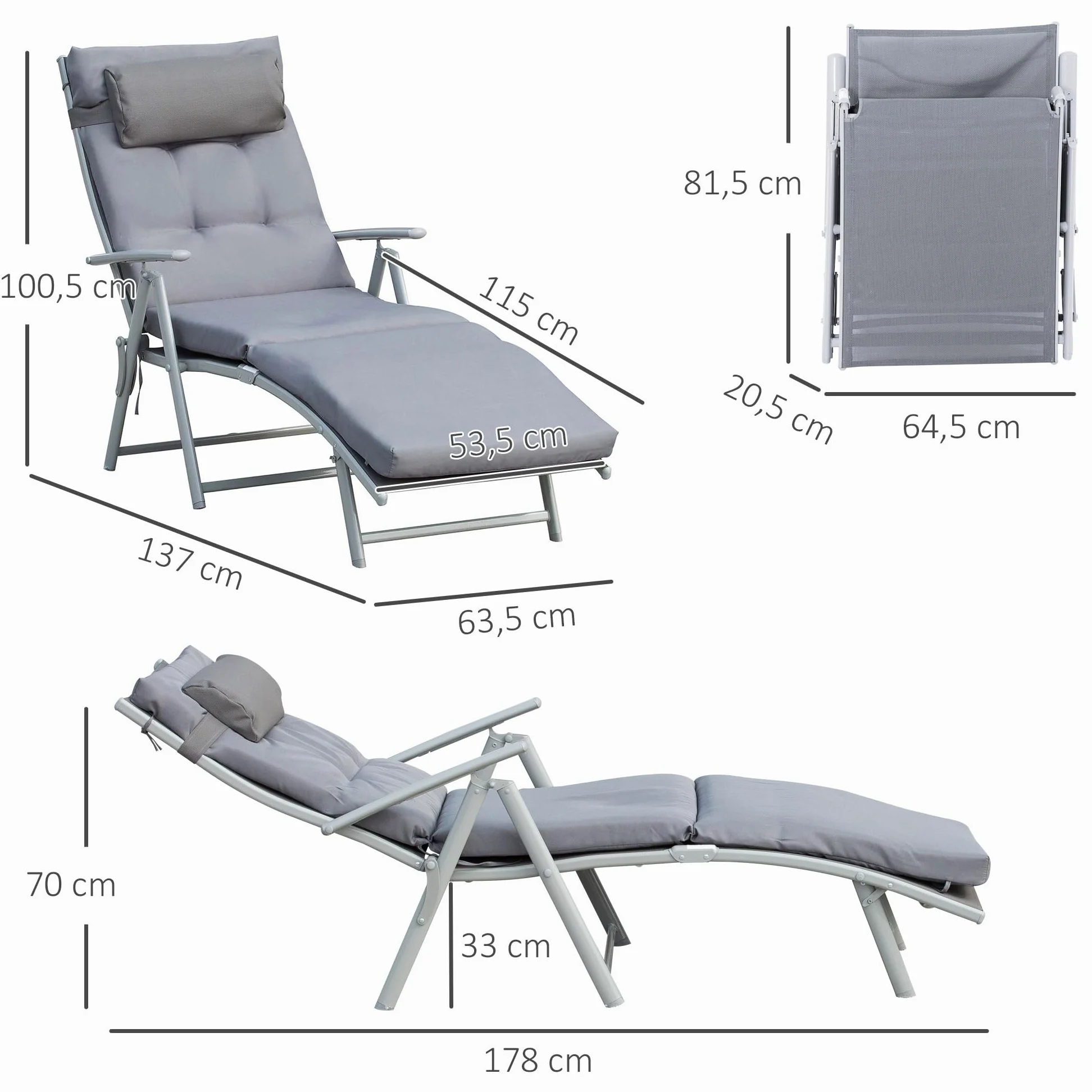Outsunny Tumbona Plegable Tumbona de Jardín con Respaldo Ajustable en 7 Posiciones con Cojín Cuerpo Entero y Cabeza para Terraza Piscina Carga 165 kg 137x63,5x100,5 cm Gris
