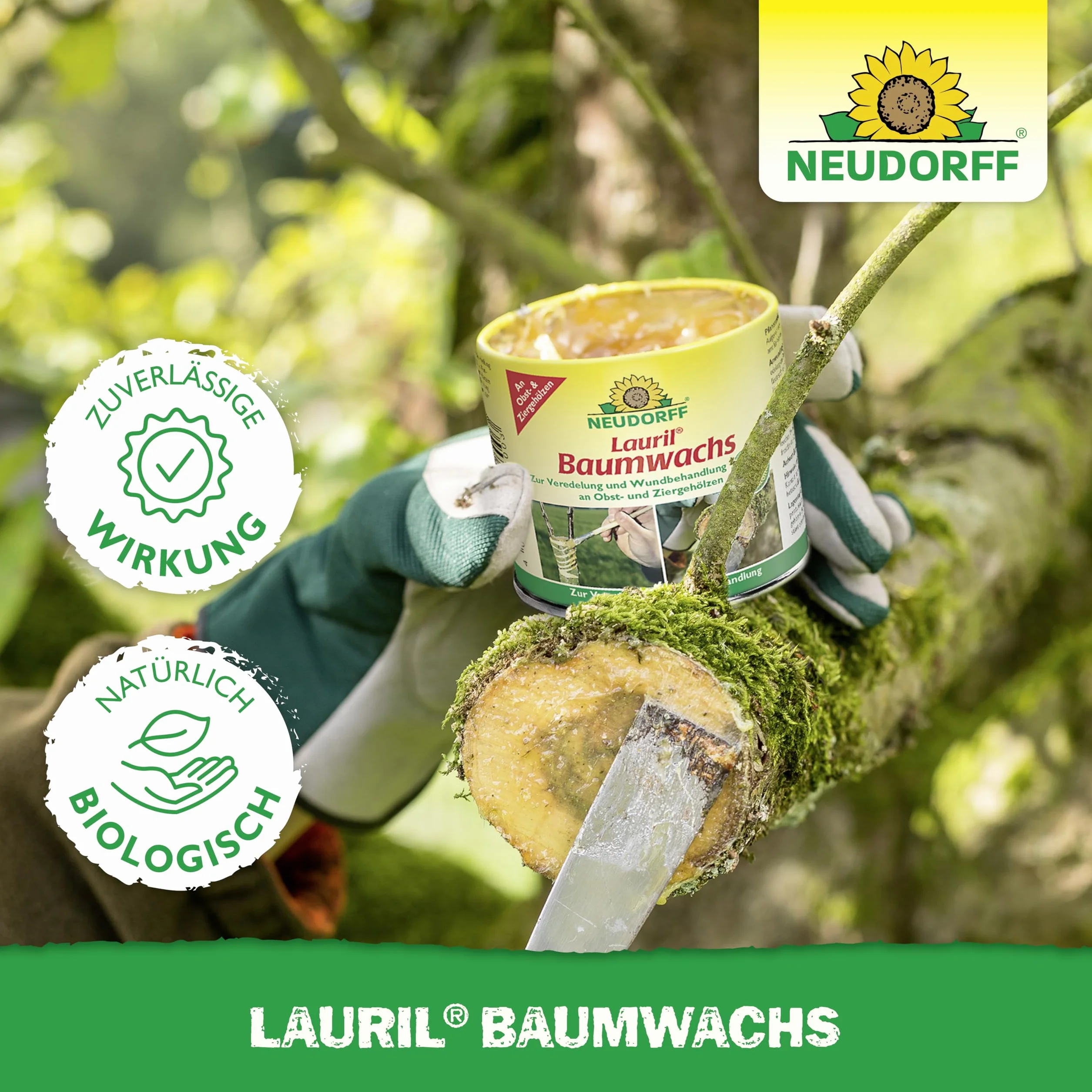Neudorff Lauril - Cera para árboles lista para usar, cierre de herida para refinar y cicatrizar rápidamente las heridas de frutas y árboles ornamentales, 125 g