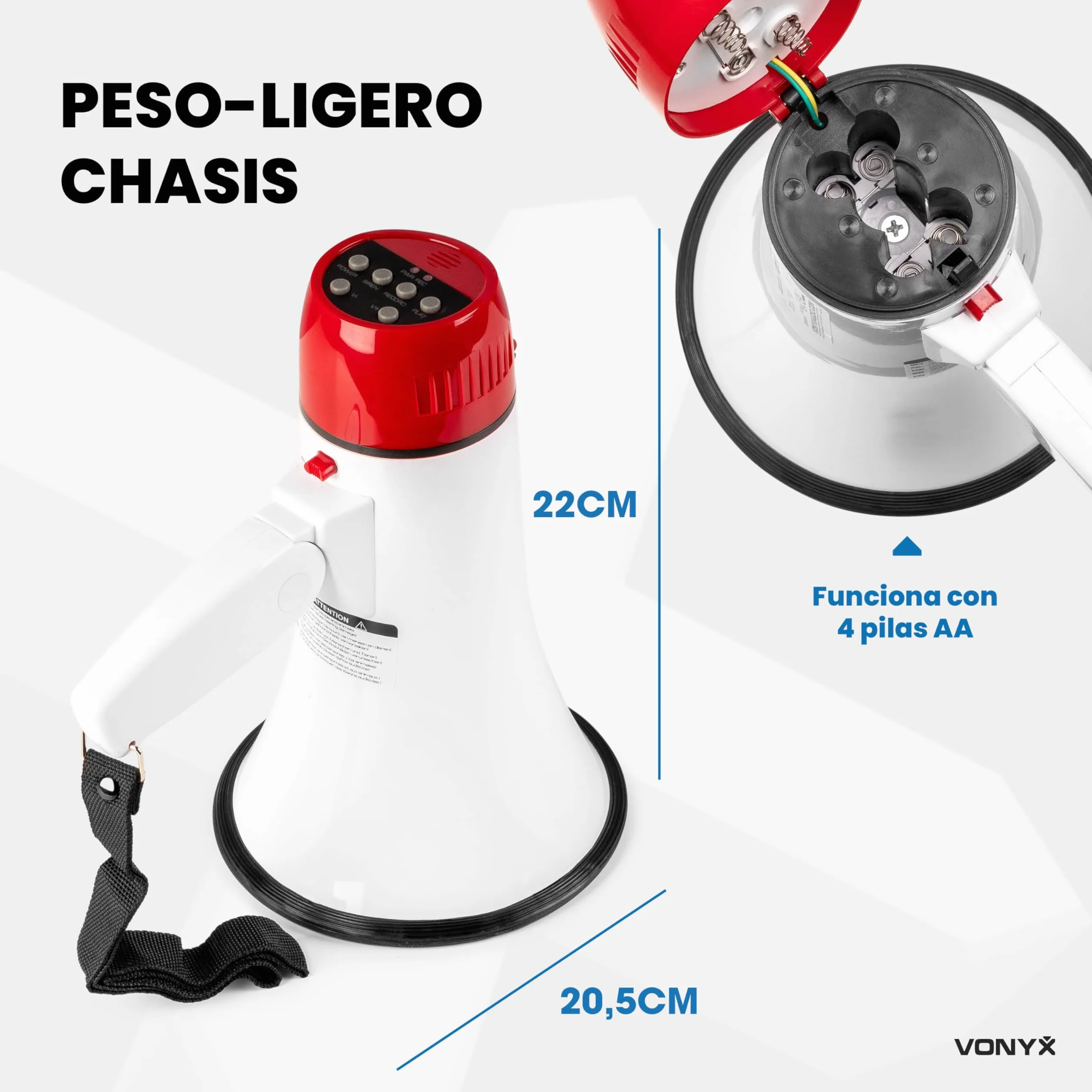 Vonyx MEG018 Megáfono Bluetooth 18W 600m Alcance Sirena Grabación 60s Ligero Eventos Deportes