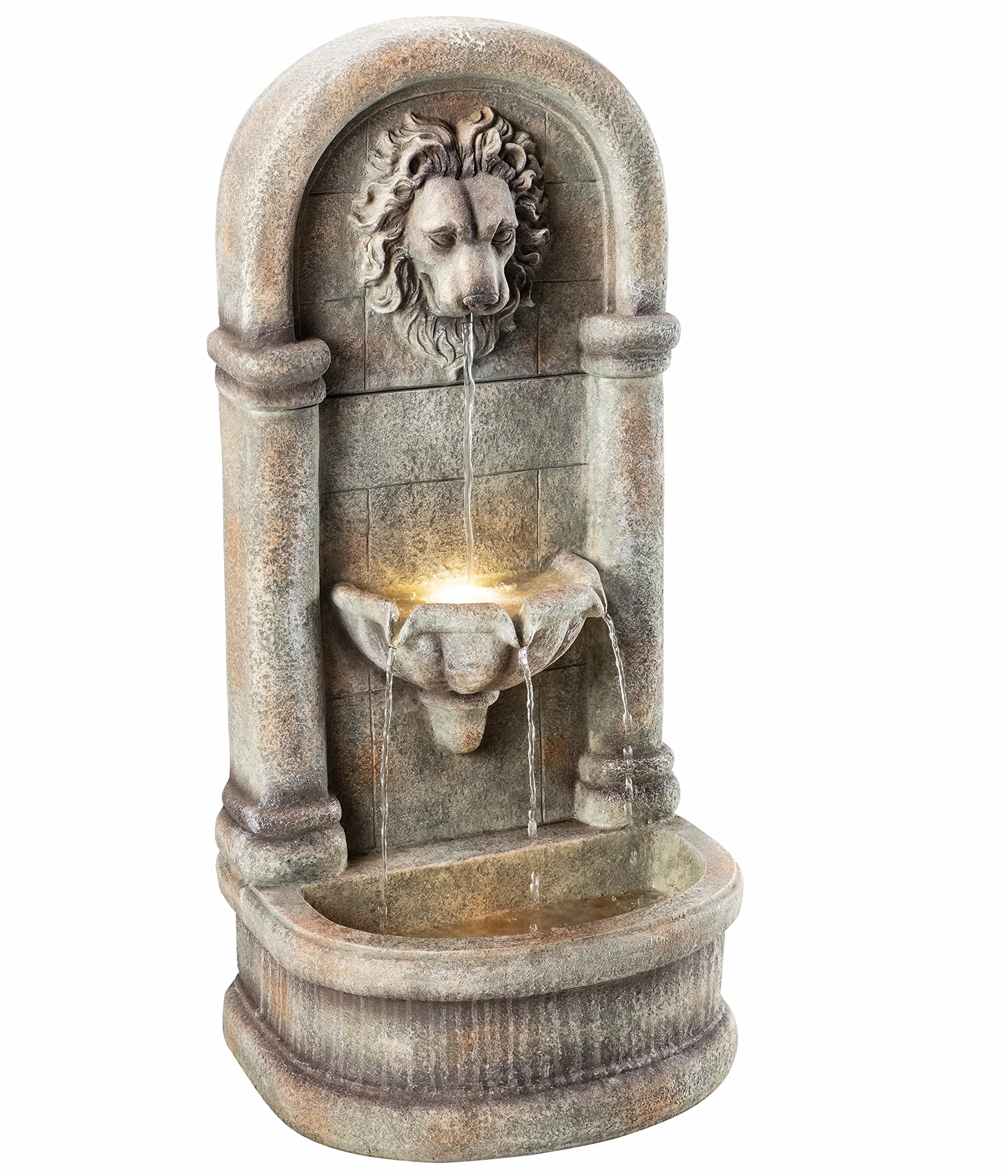 Dehner Fuente de jardín Faro con iluminación LED, Aprox. 103,5 x 38 x 49,5 cm, poliresina, Gris