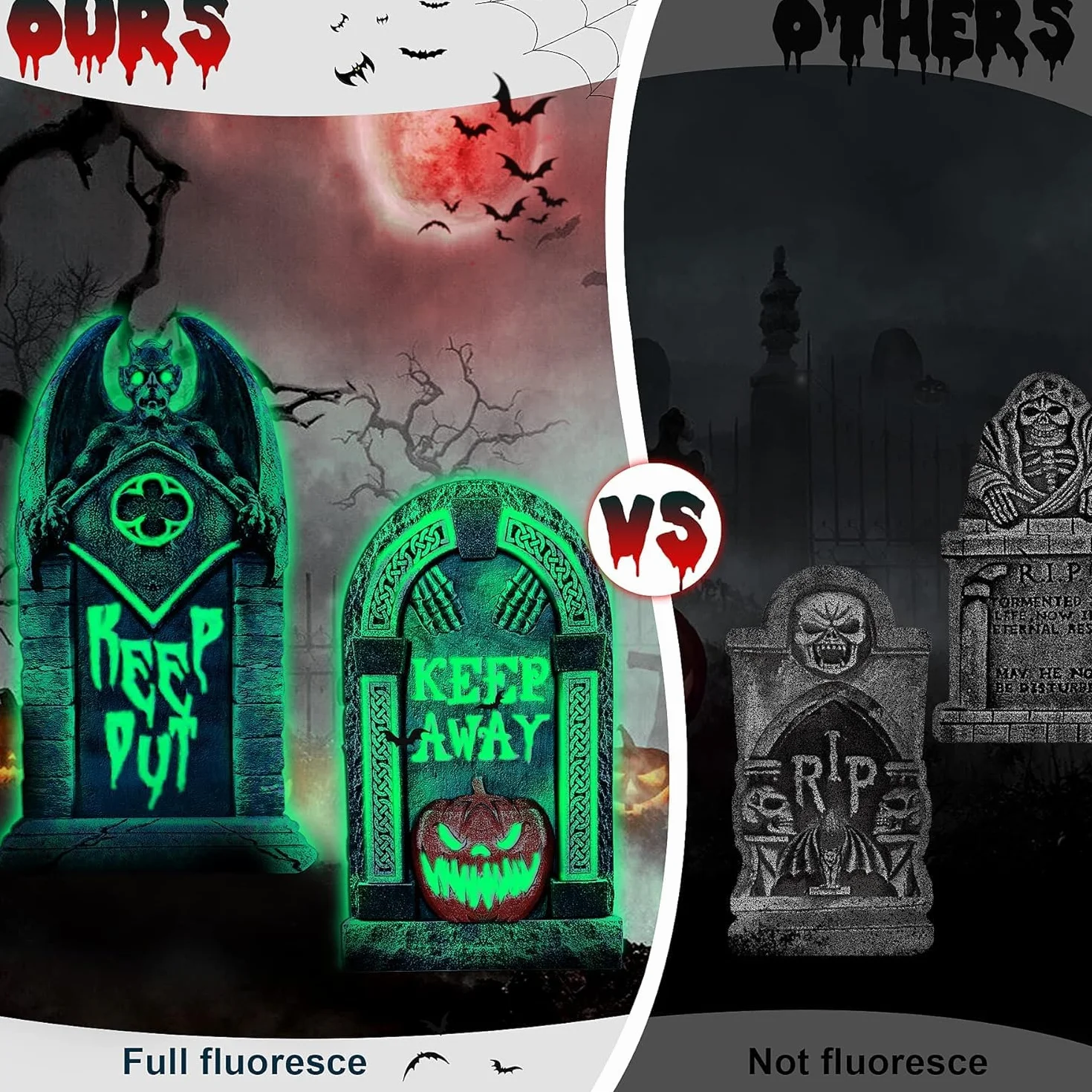 Juego de 6 Lápidas de Halloween Efecto Fluorescente -Decoración Horrorosa Interiores|Exteriores Lápidas de Cementerio Falsas de Halloween - Patio Trasero| Césped| Jardín| Casa Embrujada