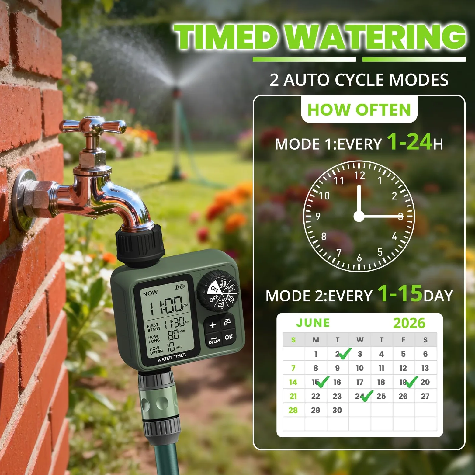 Temporizador de aspersor para manguera de jardín, temporizador de agua de ciclo y remojo con retardo de lluvia, riego manual automático para césped, patio, sistema de riego por goteo al aire