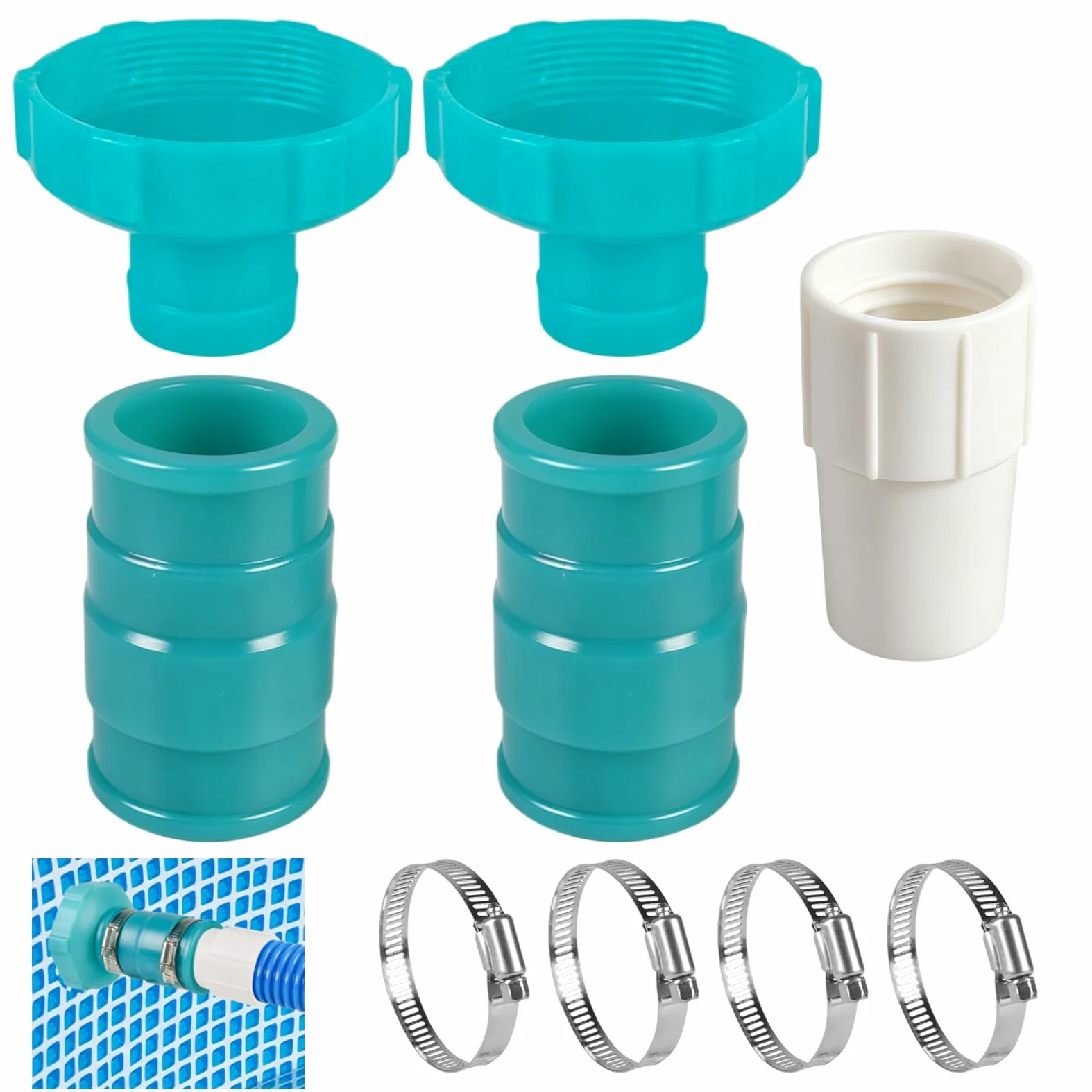 Juego de 2 adaptadores de manguera de vacío para piscina, adaptador de manguera de skimmer de piscina, conector B con puños y abrazaderas de manguera de piscina de 1-1/2 pulgadas, adaptador de
