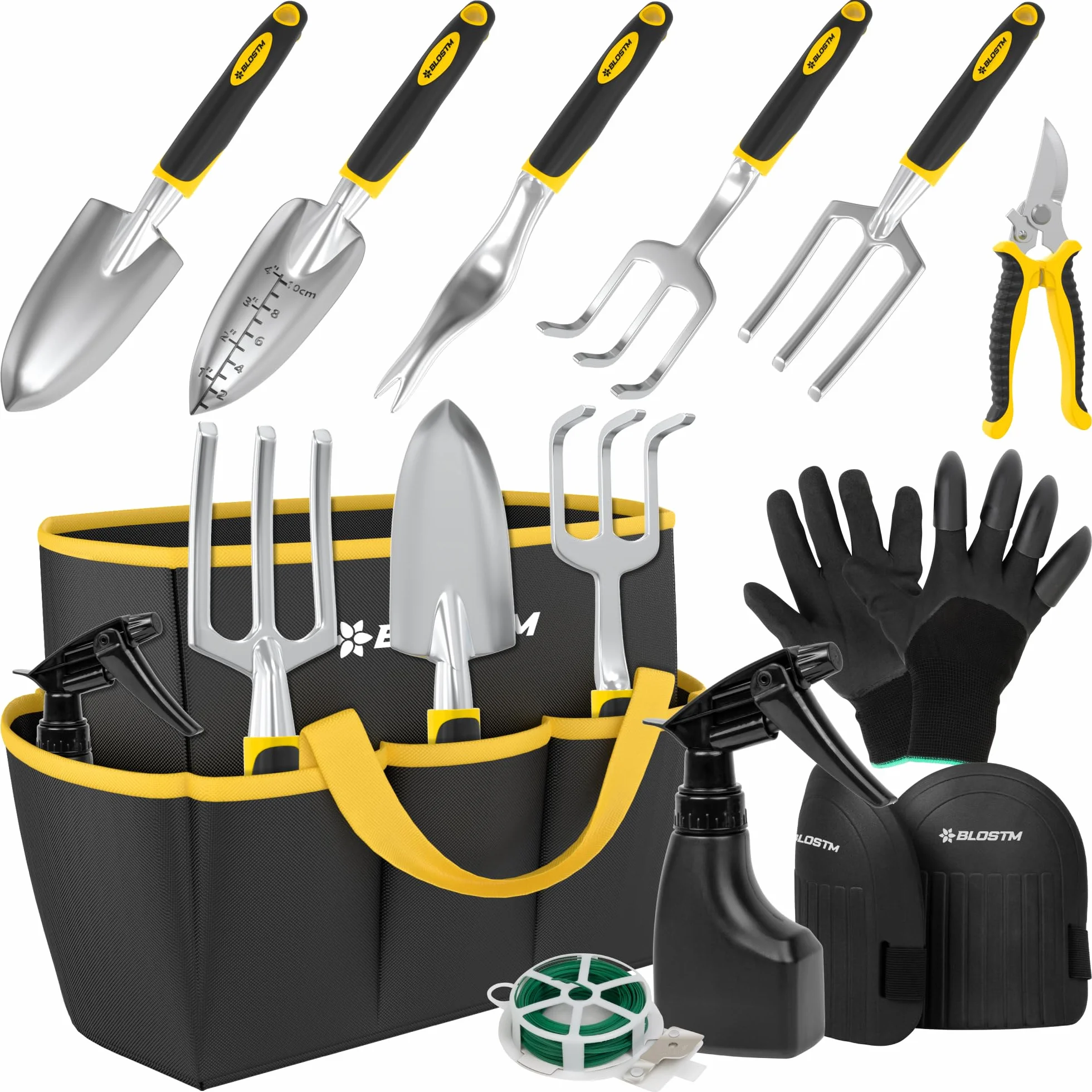 BLOSTM - Juego de herramientas para jardinería (11 piezas, herramientas de jardín, resistentes con bolsa de transporte impermeable, asas ergonómicas, pequeña pala jardinería, herramientas – Kit de
