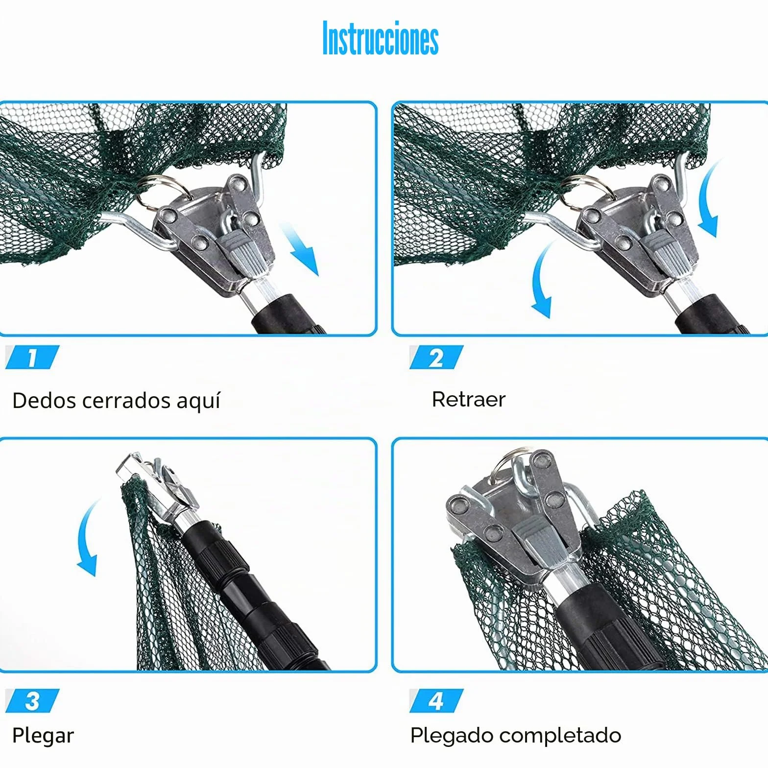 Red de Pesca de Acero Inoxidable Triangular Plegable 1,9 m Mango Telescópico Extensible