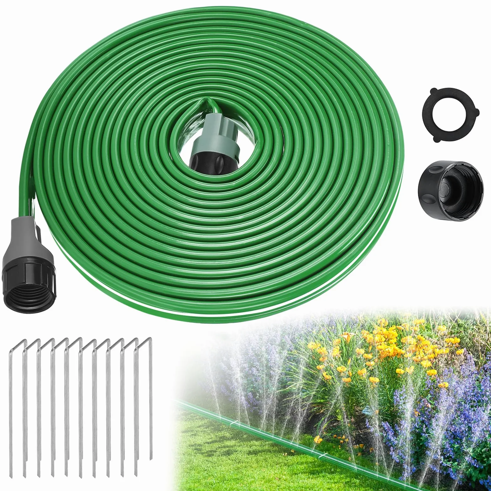 Manguera de rociador de 25 pies | Manguera de riego plana de tres tubos flexible y resistente para riego de jardín, patio, césped, con 10 estacas