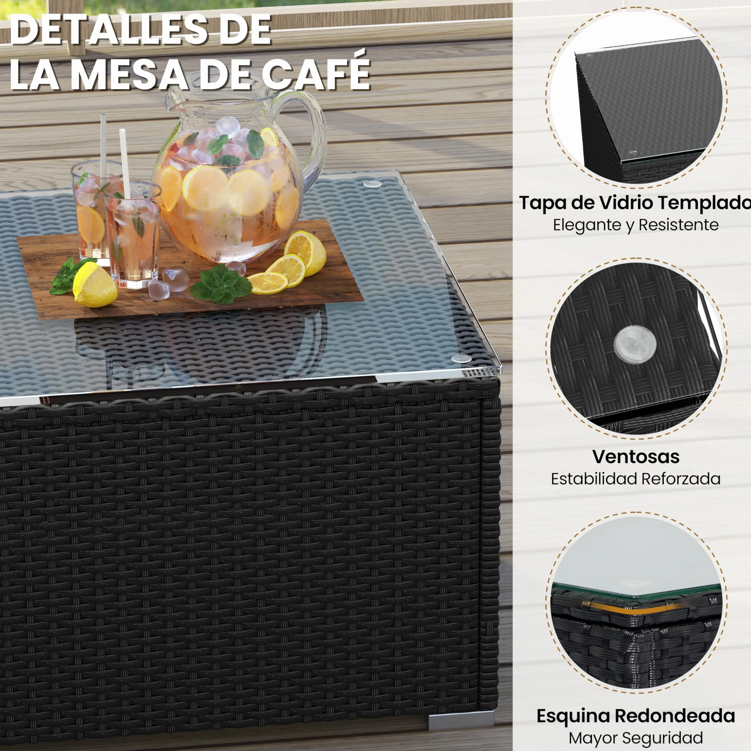 Yaheetech Conjunto de Muebles Ratán de Jardín 5 Piezas con Cojines, 3 Plazas Sofá 1 Taburete y 1 Mesa de Café de Cristal (Negro/Beige)