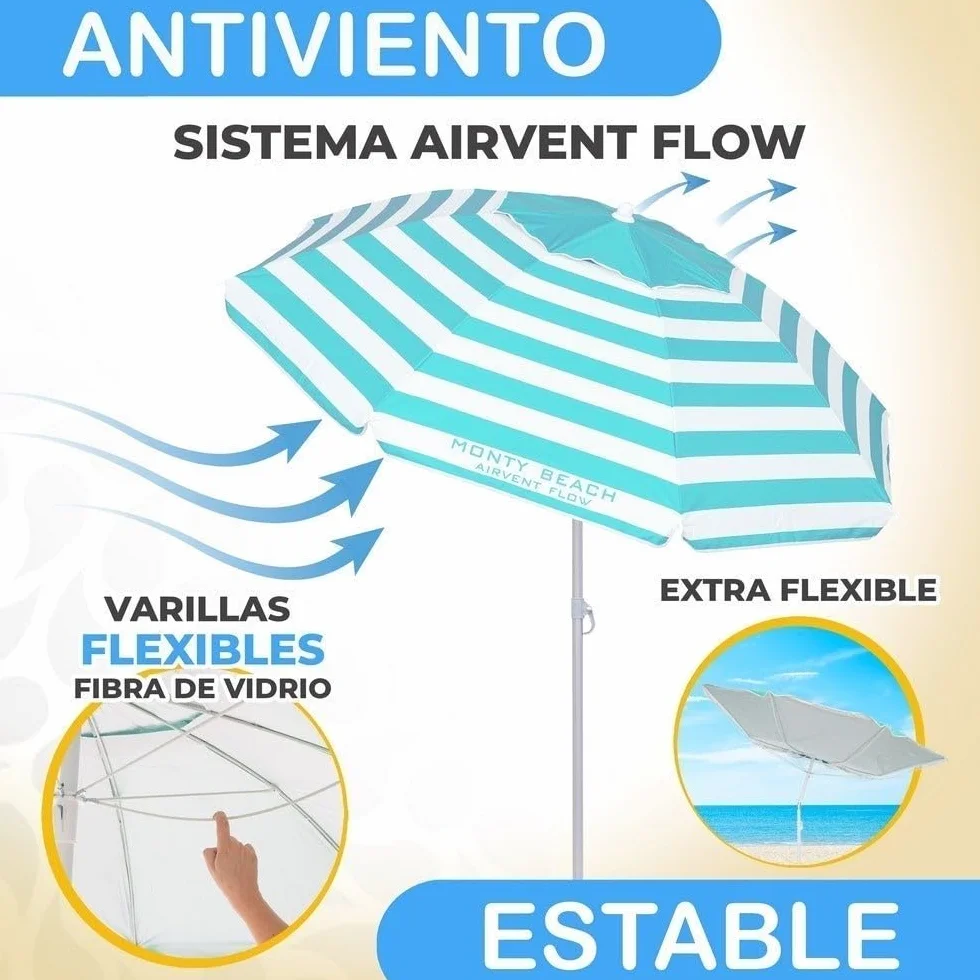 LOLAhome Sombrilla Playa 180 cm y Soporte Arena, protección UV+50, sombrilla antiviento, Varillas Flexibles Fibra Vidrio, Techo ventilación, mástil inclinable y Regulable Altura, Bolsa