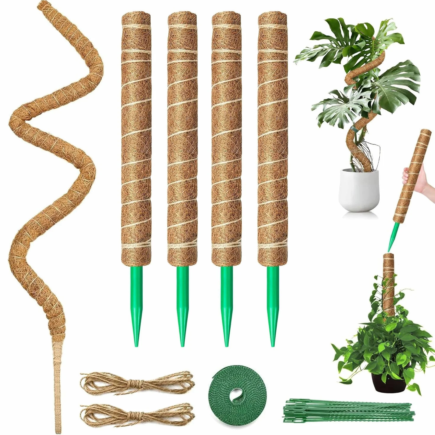 tutores para Plantas,Juego de 4 Postes de Musgo de 32 cm + 1 Poste de Soporte de Musgo Flexible de 100 cm, Postes Apilables para Plantas Trepadoras de Interior, Hiedra y Pothos