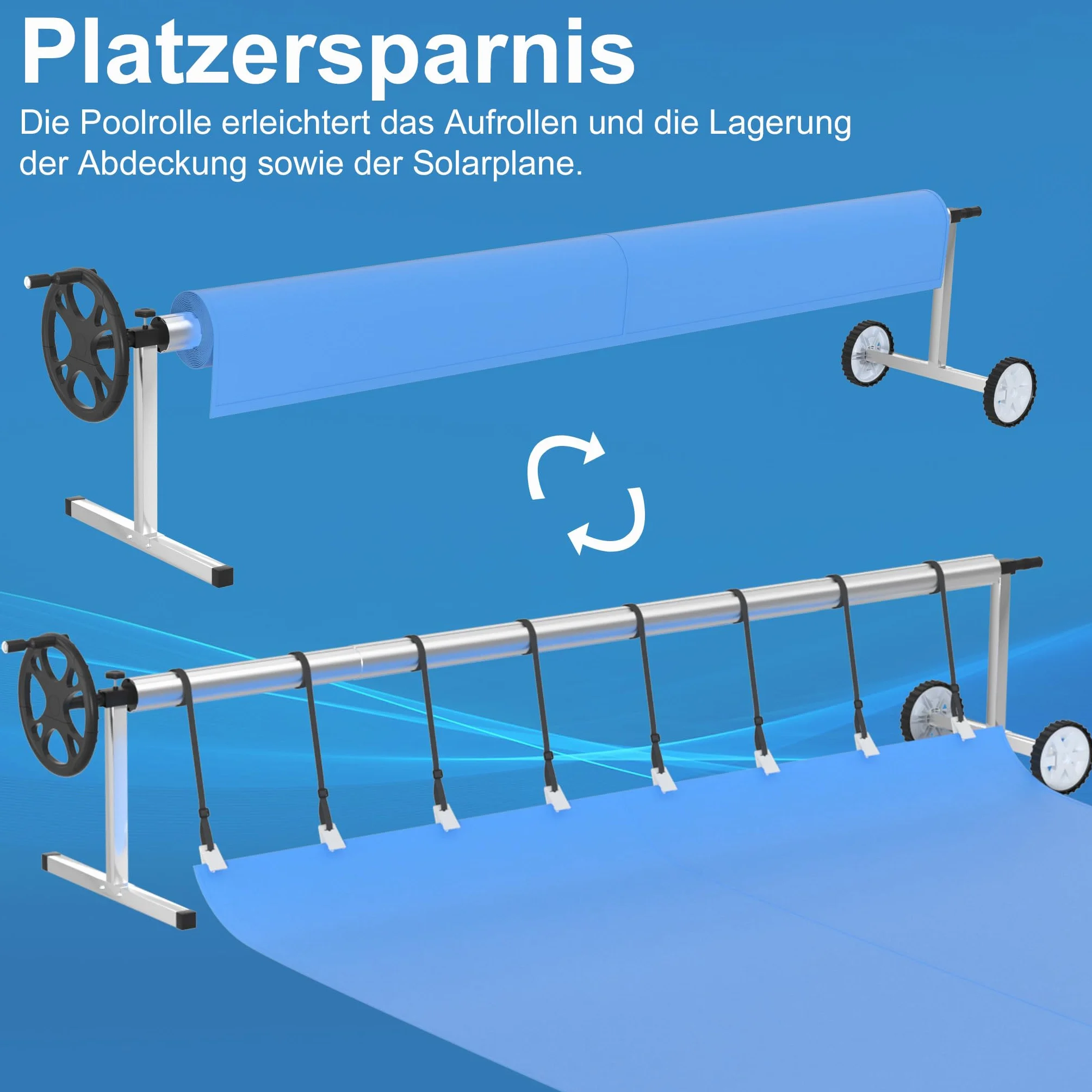 Cubierta de piscina de aluminio, sistema de enrollado con manivela, ruedas y 8 clips, ajustable de 3 a 5,7 m para tubos de piscina de 7,6 a 8,1 cm. Dispositivo móvil enrollable