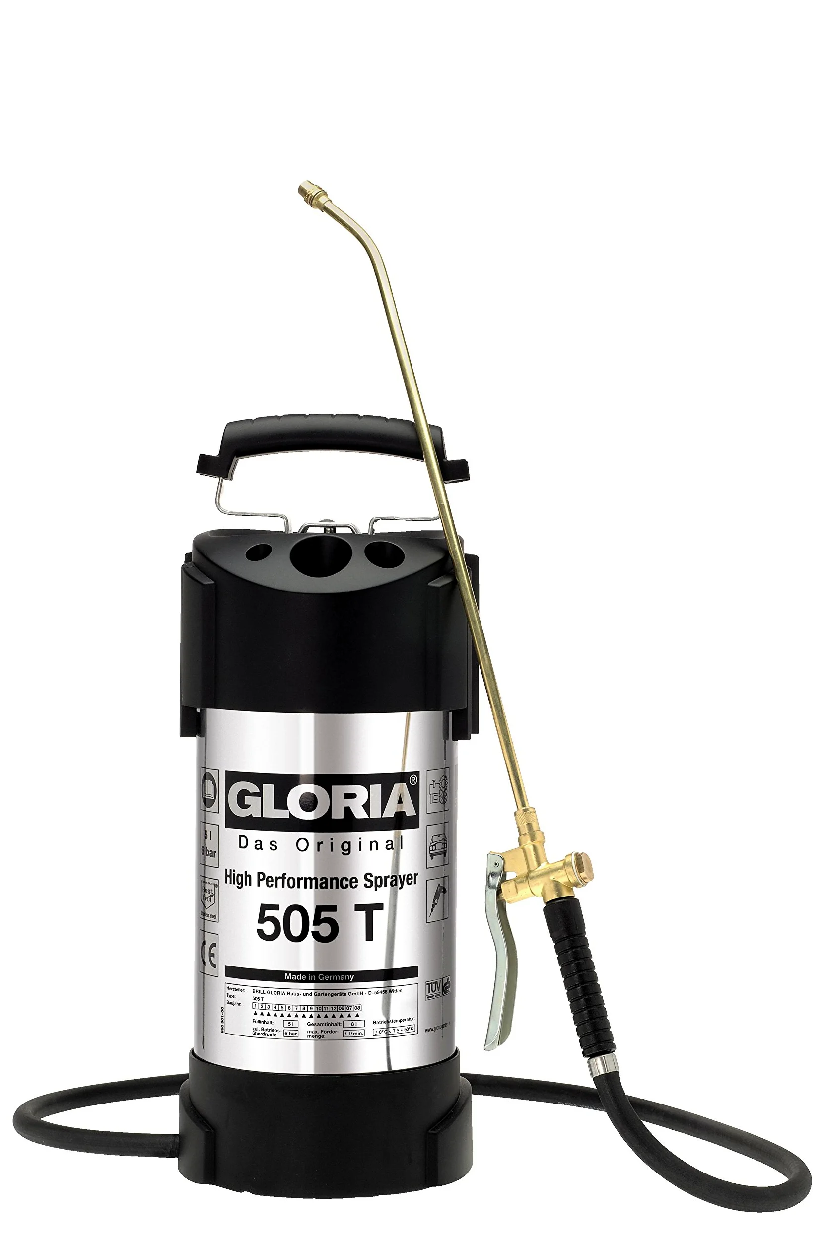Gloria Pulverizador de Alto Rendimiento 505 T | 5L de Acero Inoxidable | Presión de 6 bar con manómetro | Bomba de latón | Ideal para el cuidado intensivo de grandes jardines y huertos