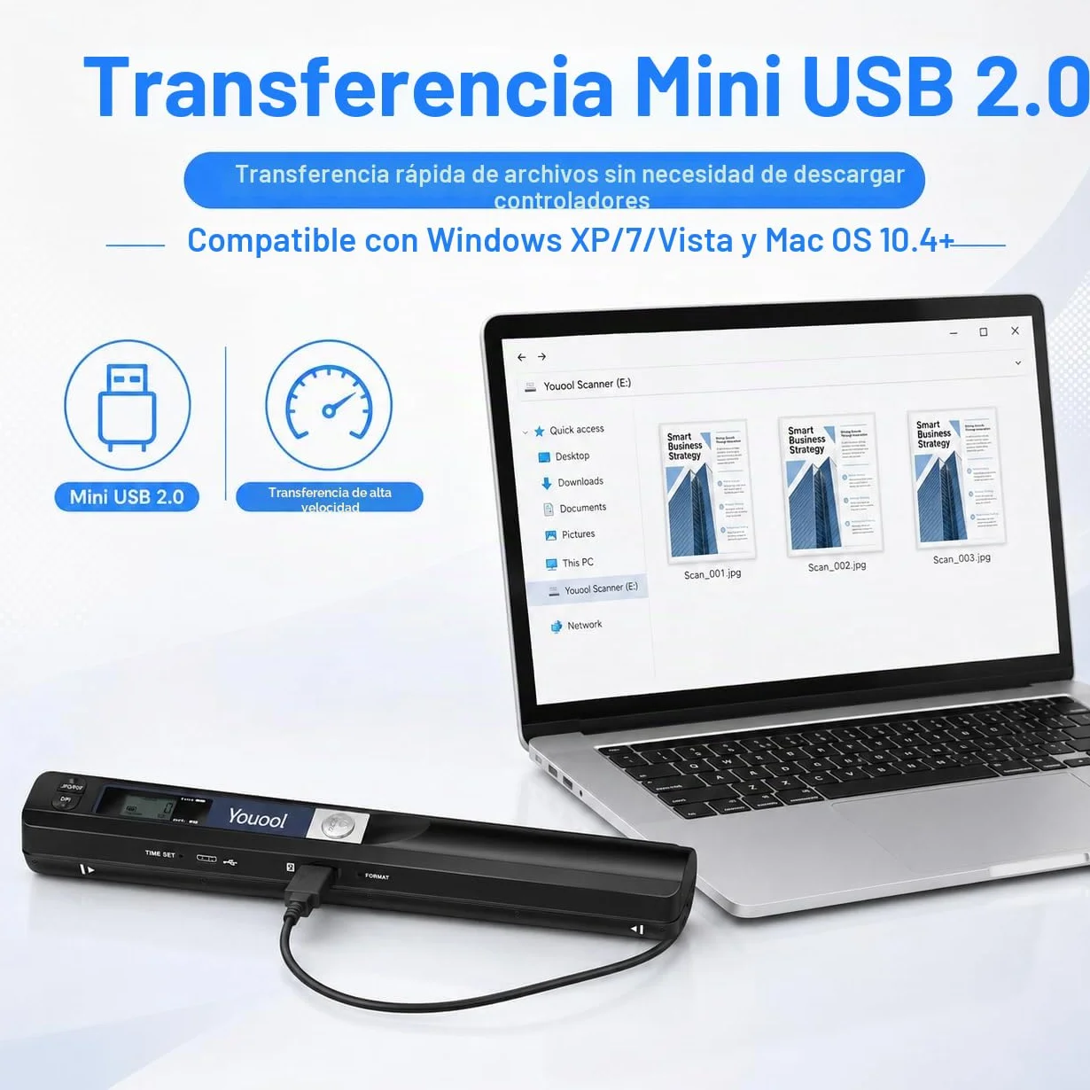 Mini escáner portátil de mano USB digitalización color 900 PPP A4 documentos JPG/PDF con tarjeta 16GB