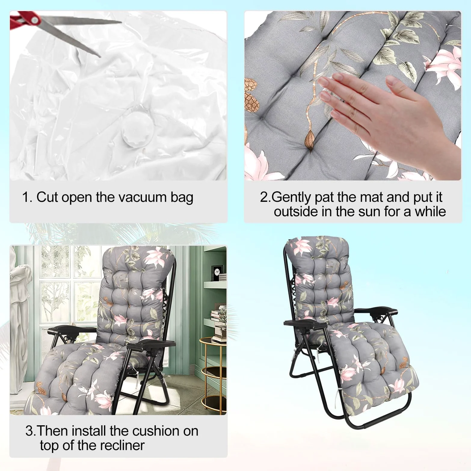 Cojín para Tumbona de Jardín 8cm con Correas de Sujeción, Cojín para Silla Mecedora