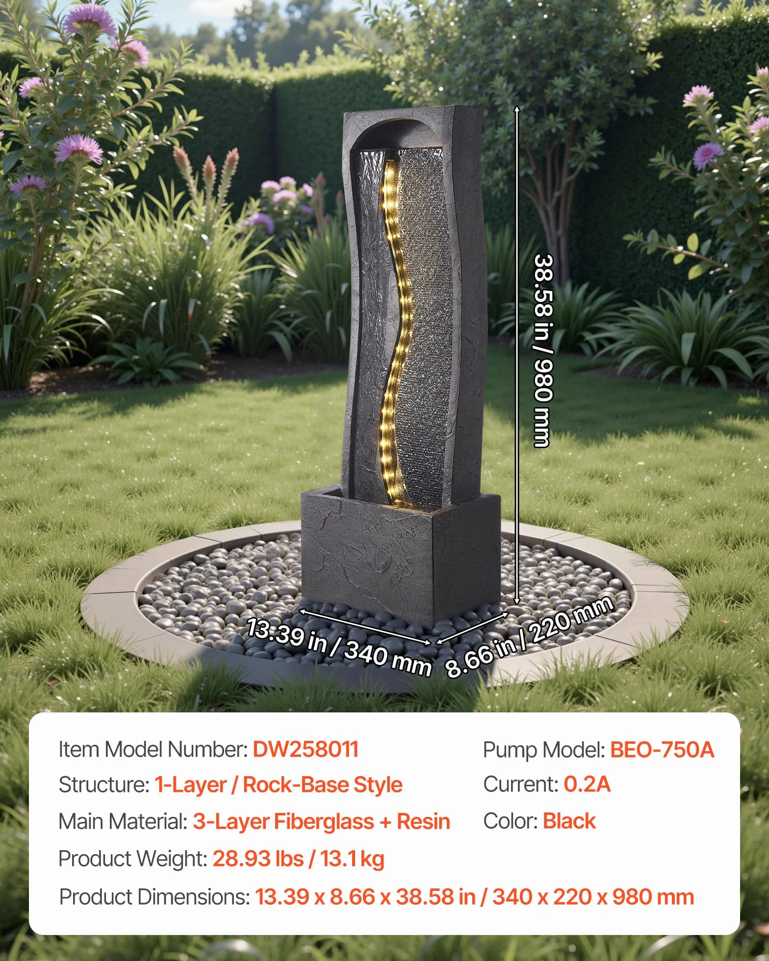VEVOR Fuente de Agua para Exteriores, 98 cm de Altura, Fuente de Cascada Moderna de Una Sola Capa con Base de Roca, Luz LED y Bomba para Jardín, Patio, Decoración del Hogar, Exterior, Negro