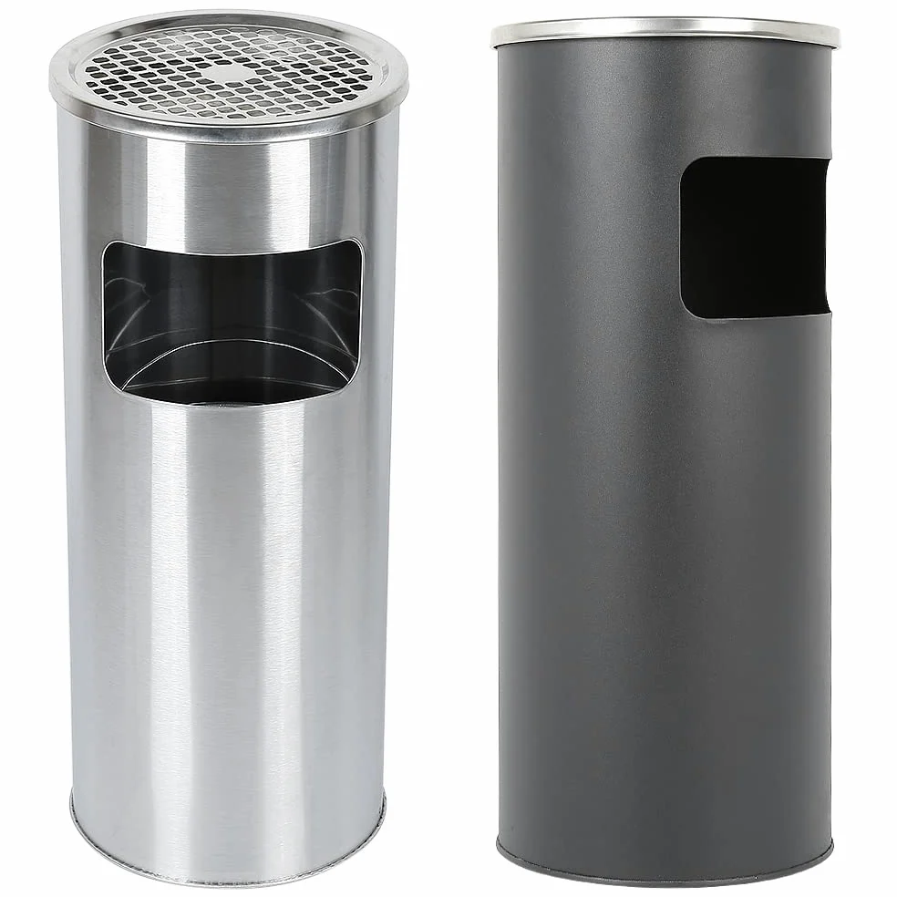 Cenicero de pie 2 en 1 de acero inoxidable con cubo de basura, 30 litros, cubo interior extraíble, cenicero de pie para exterior, cenicero para entrada, hotel (plata + negro, 30 L, 2 unidades)