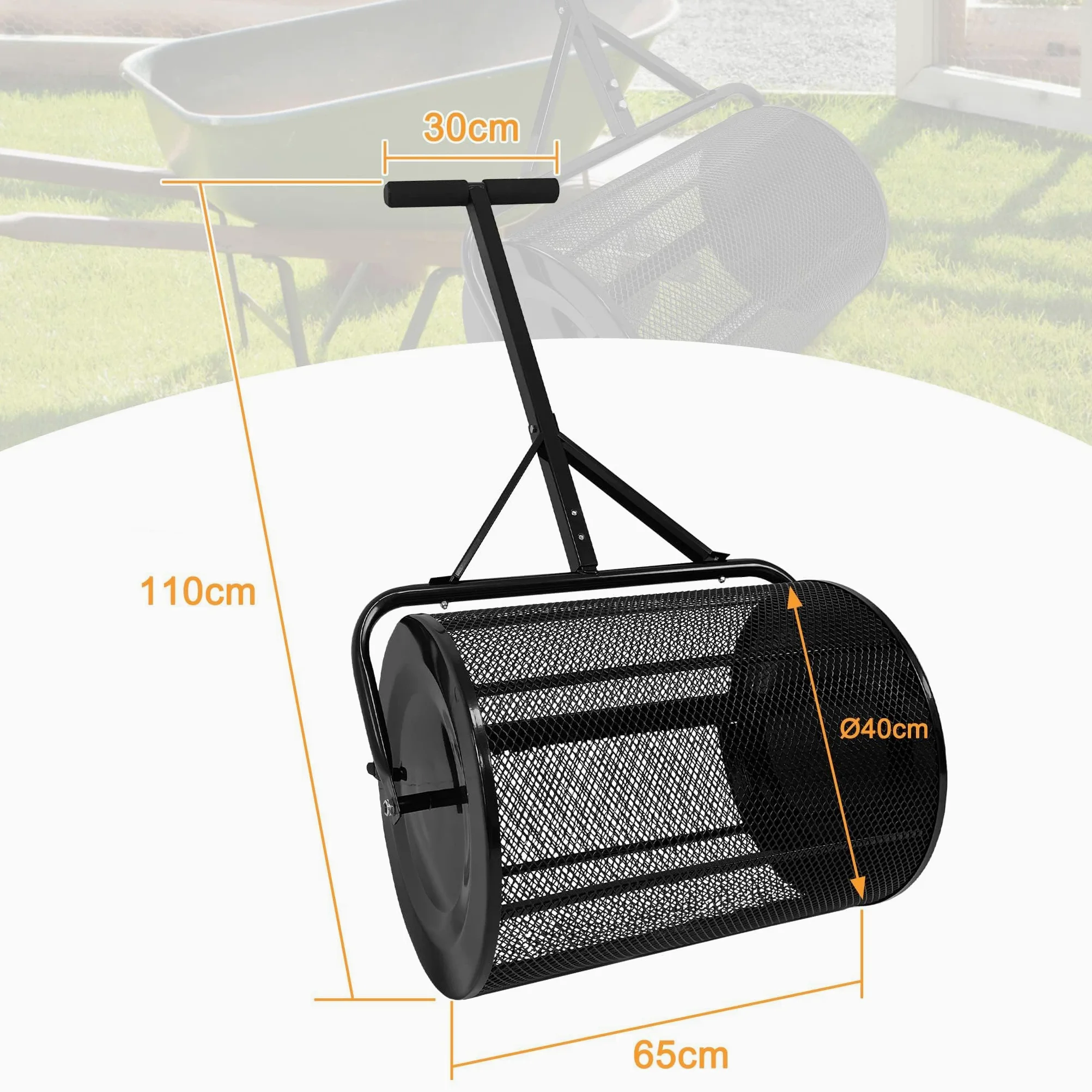 UISEBRT Esparcidor de compostaje de 80 l, color negro, con asa, esparcidor de compost y turba con cesta de malla, 65 cm de ancho, para compost, abono, turba