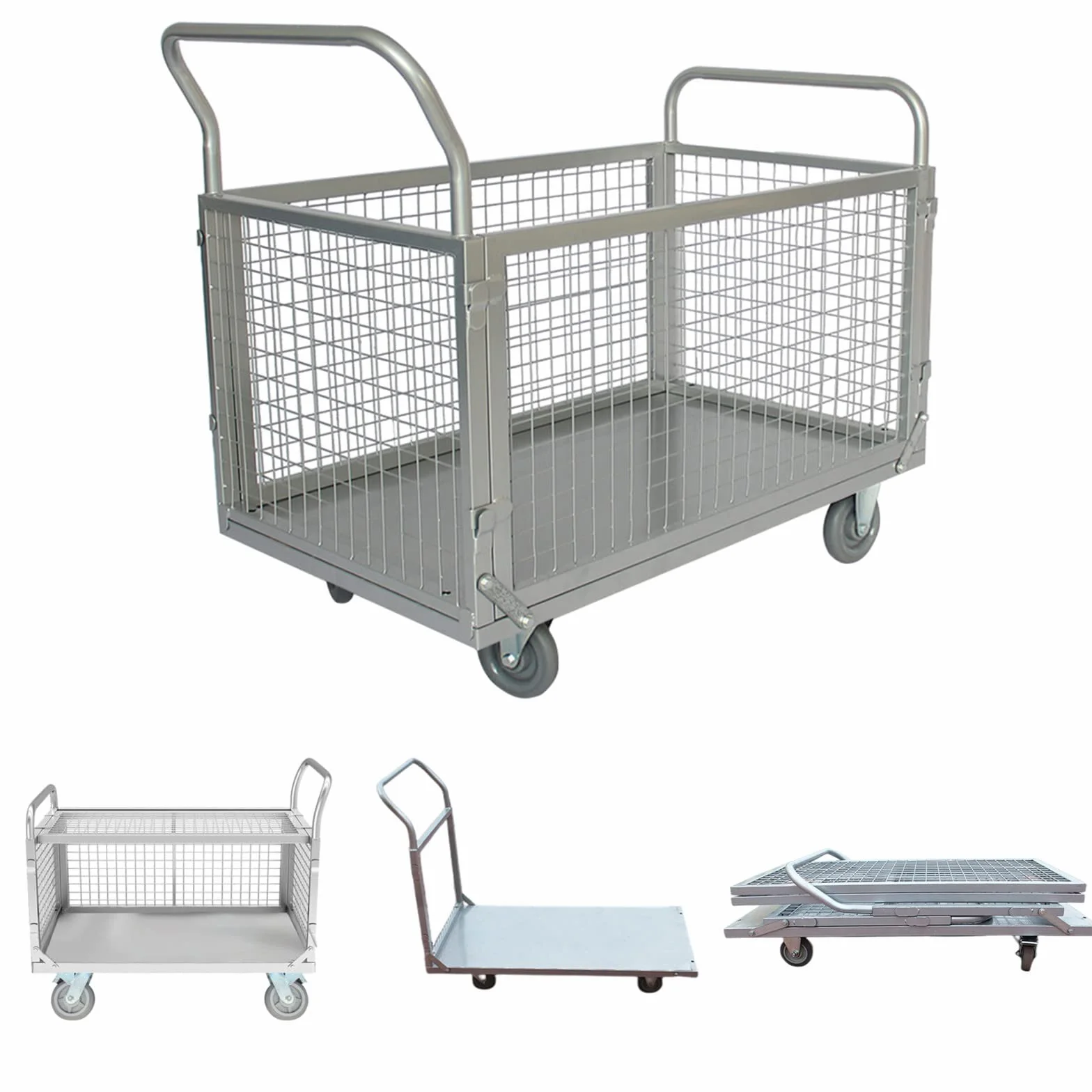 Carretilla de Carga Plegable 4 en 1 con Freno de Bloqueo，BAI You Mei Carro de Plataforma/Rejilla Multiusos con Laterales Desmontables para Almacén Industrial Carga y Equipaje, 100x60cm