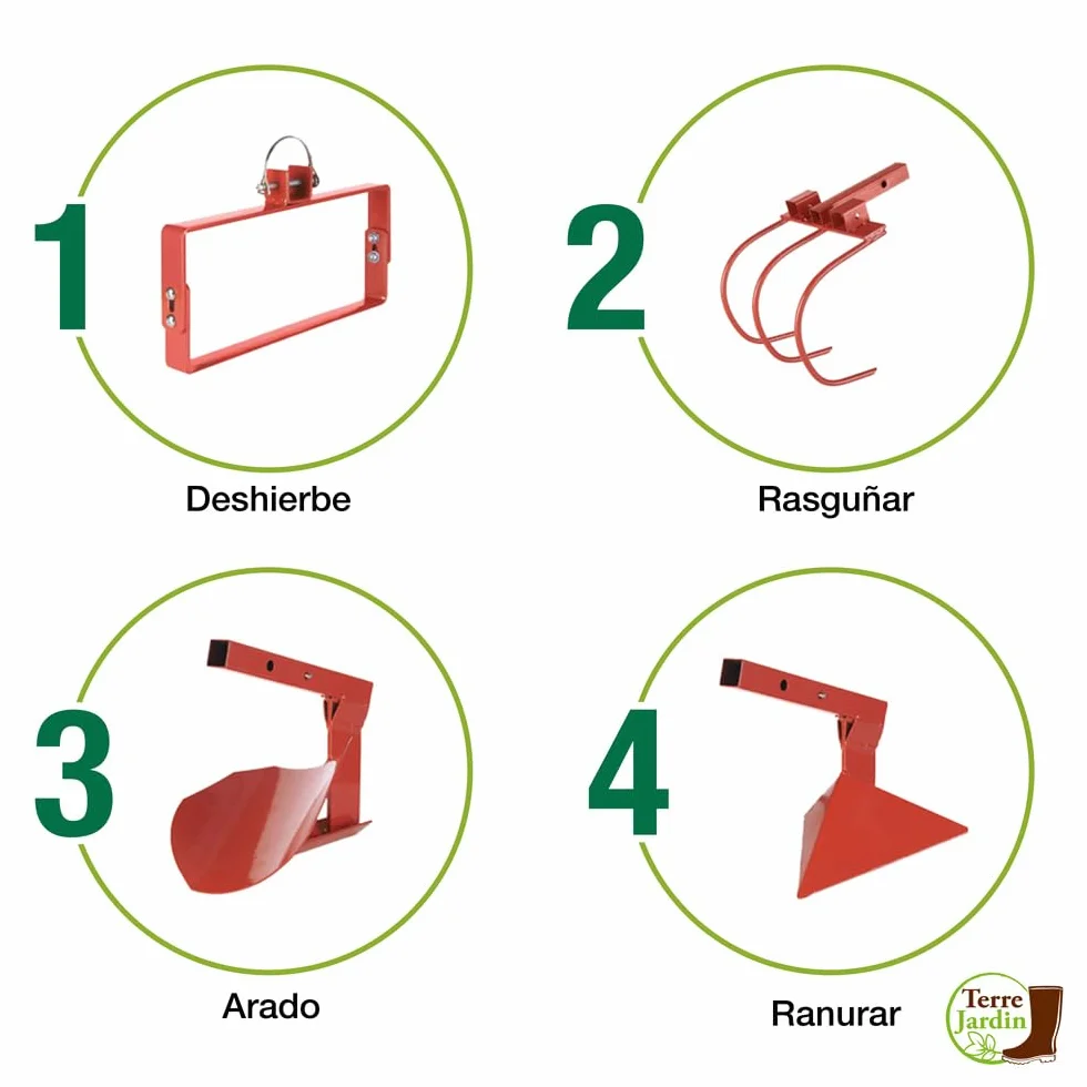 TERRE JARDIN - Cultivador de Rueda, 40 cm Diámetro - Cultivador de Jardín, 4 en 1 - Cultivador Manual, con Desherbador, Aporcador, Garra, Reja de Arado - Azada de Jardinero, Eficaz y Robusto