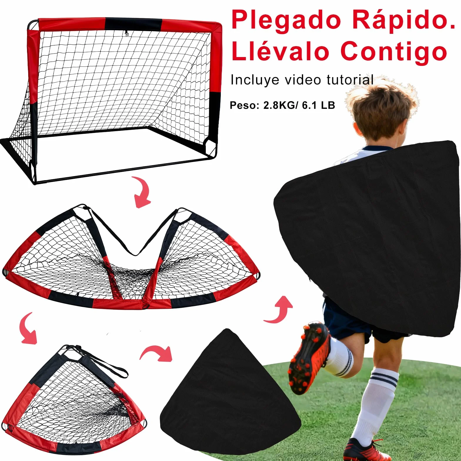 Portería de fútbol infantil 2 en 1 plegable con bolsa de transporte
