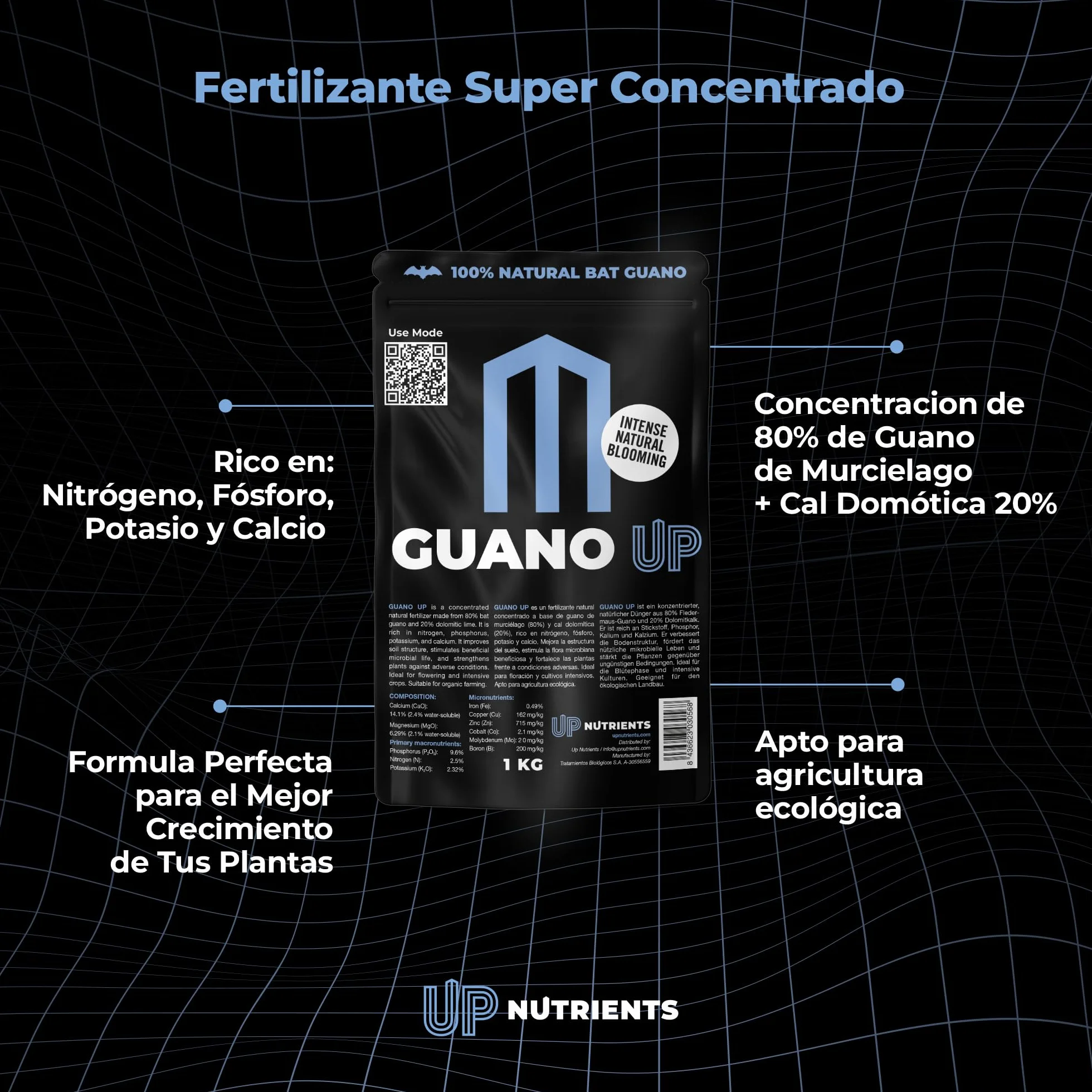 UP NUTRIENTS Fertilizante GUANO UP de Murcielago 100% Natural 1 Kg | Abono Natural con Cal Dolomita | Plantas y Cultivos | Agricultura Ecologica Floracion Intensa, Mejora Sustrato y Crecimiento