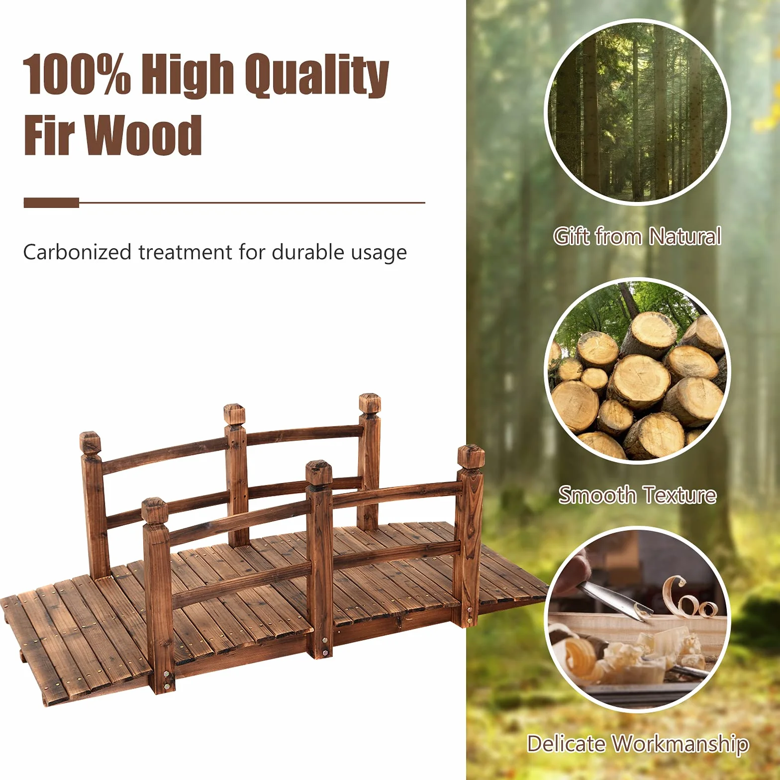 GIANTEX - Puente de jardín de madera carbonizada para estanque, decoración exterior, 150 x 67 x 55 cm, carga máxima 100 kg (marrón)
